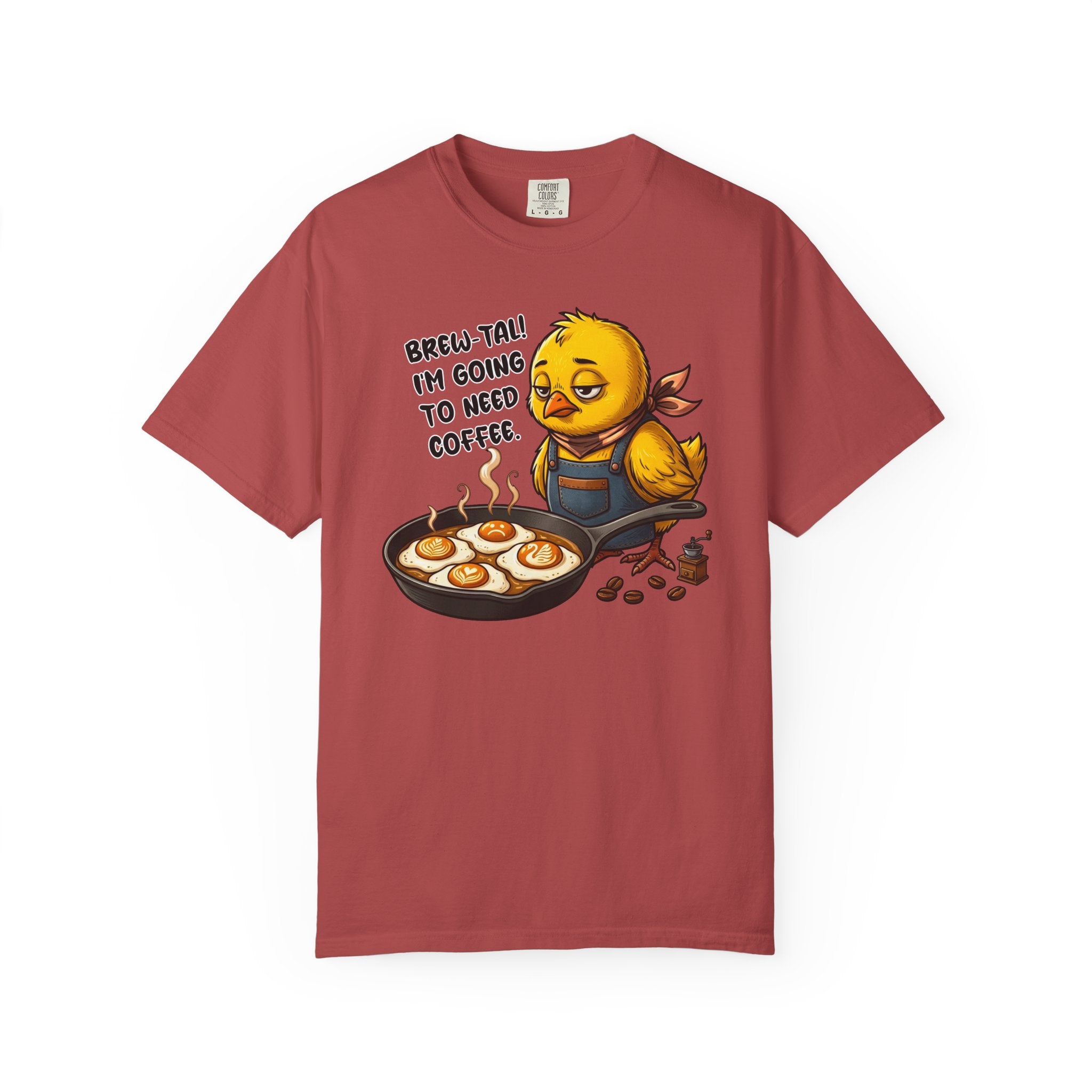 Red t-shirt featuring a sleepy chick in an apron with a pan of coffee-art eggs and text.