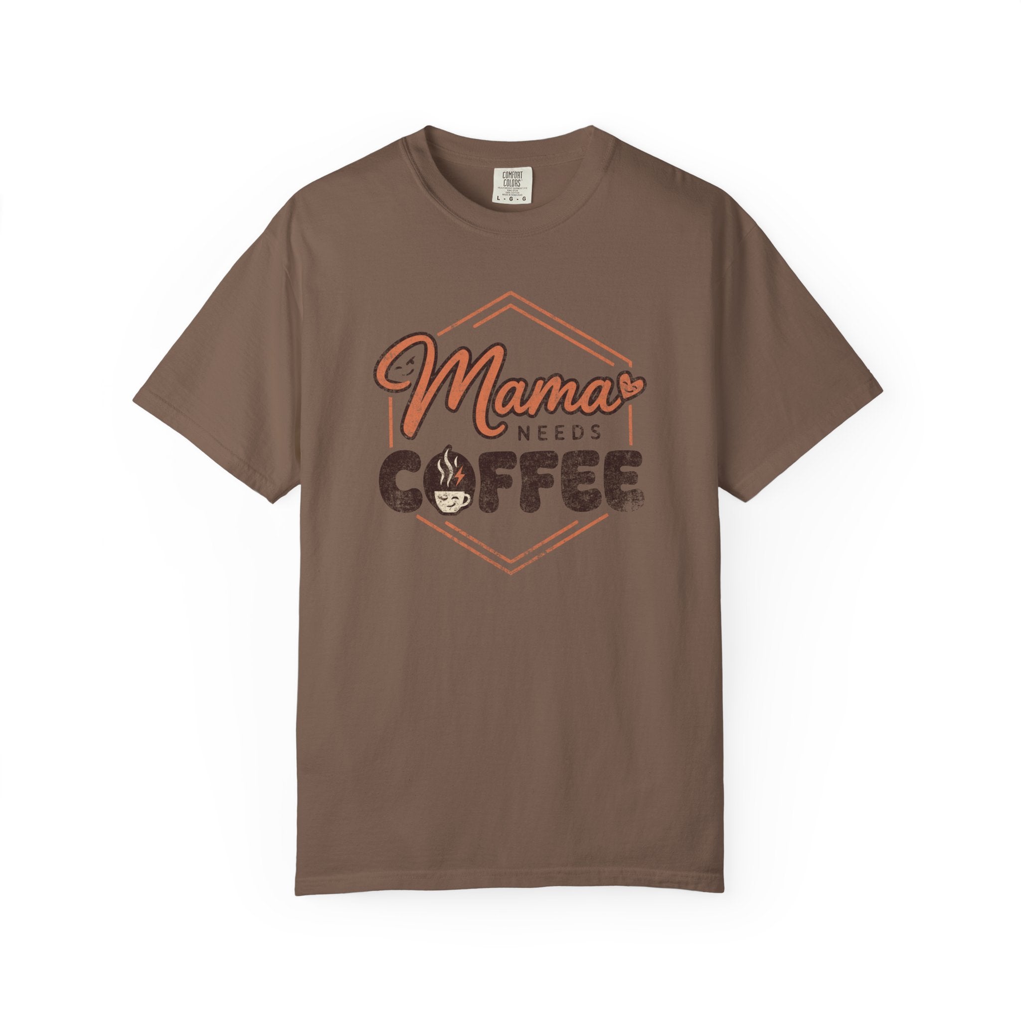 Brown unisex t-shirt with Mama Needs Coffee graphic print in a distressed vintage style.