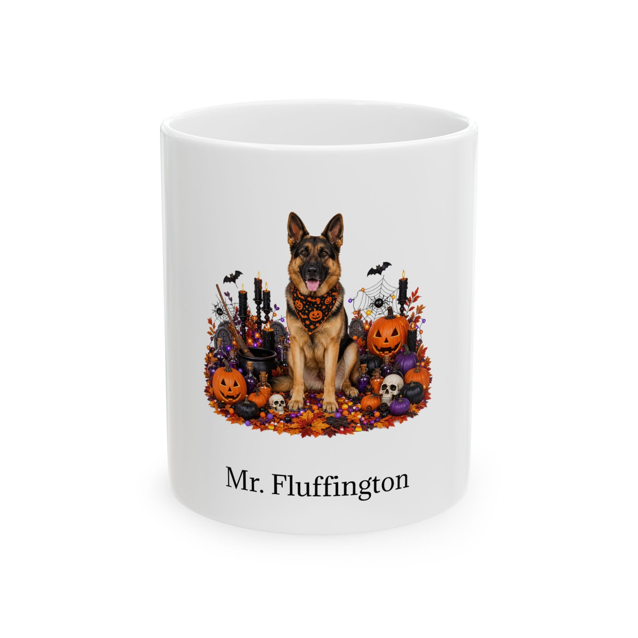 Personalized German Shepherd dog Halloween mug, 15oz white ceramic, with custom pet name on front