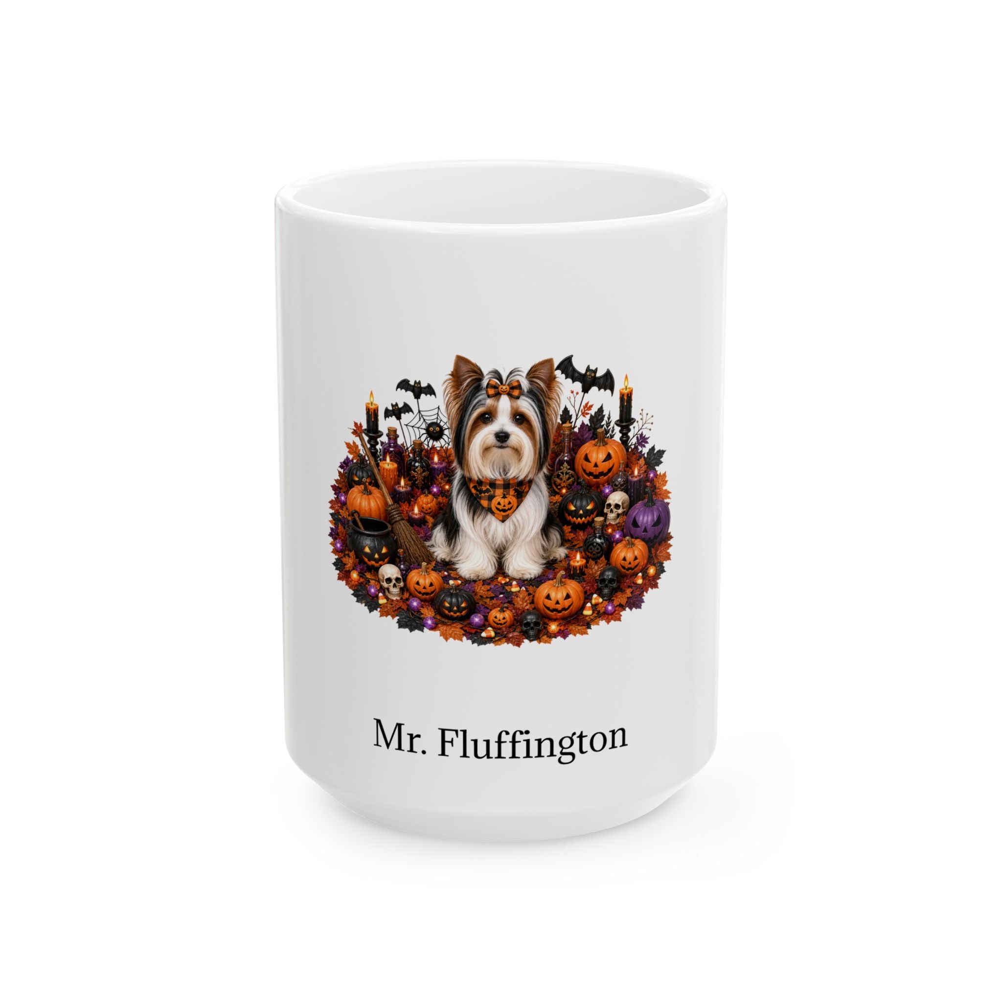 Personalized Biewer Terrier dog Halloween mug, 11oz white ceramic, with custom pet name on front