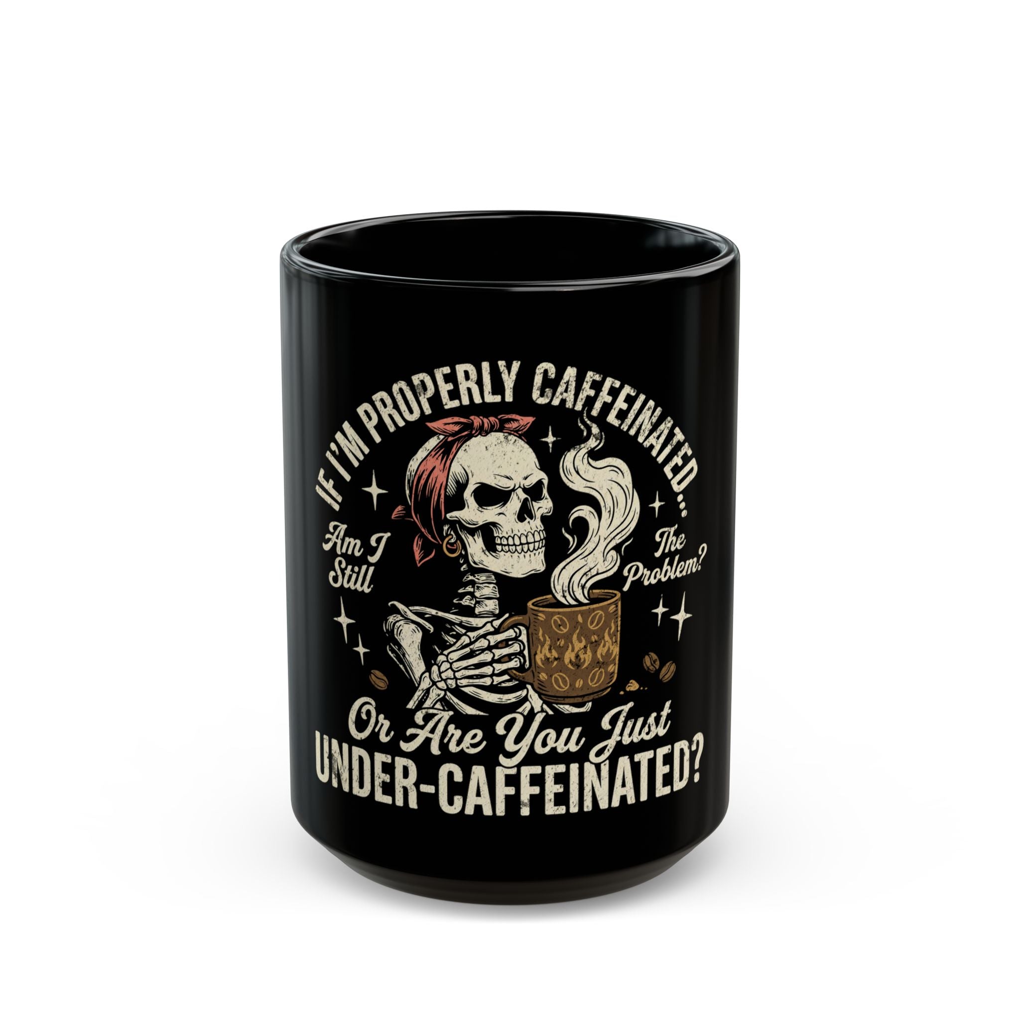 Black ceramic coffee mug featuring a skeleton wearing a bandana and holding a steaming coffee cup.
