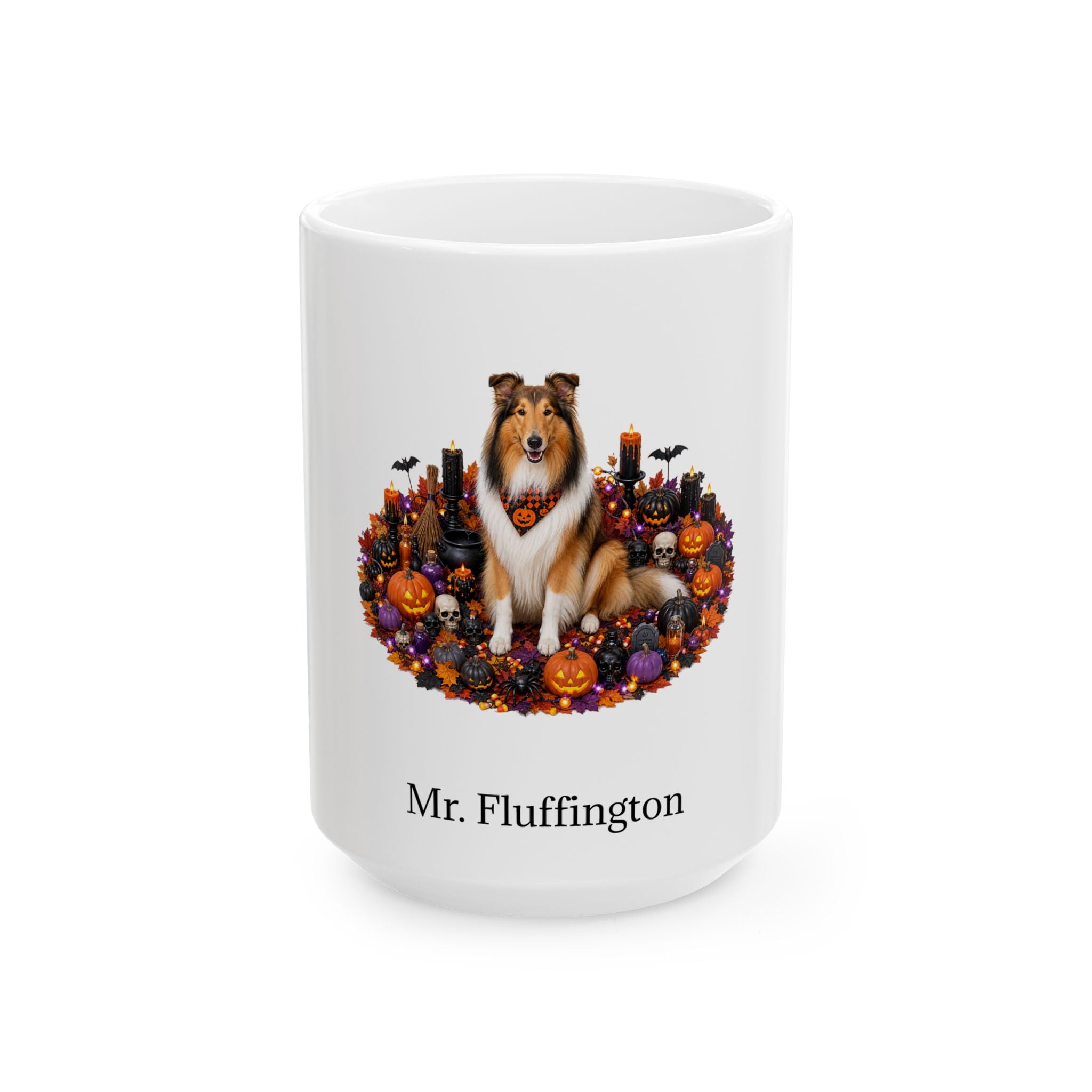 Personalized Collie dog Halloween mug, 15oz white ceramic, with custom pet name on front