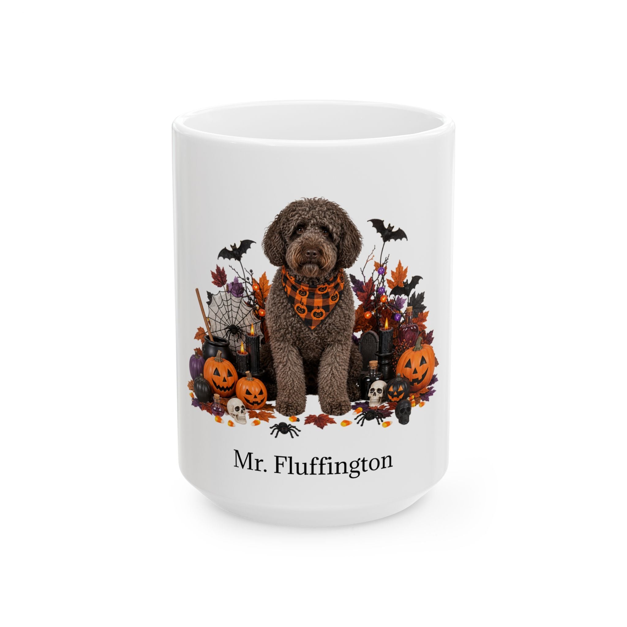 Angled Barbet dog Halloween mug with personalized pet name and fall design — image 3