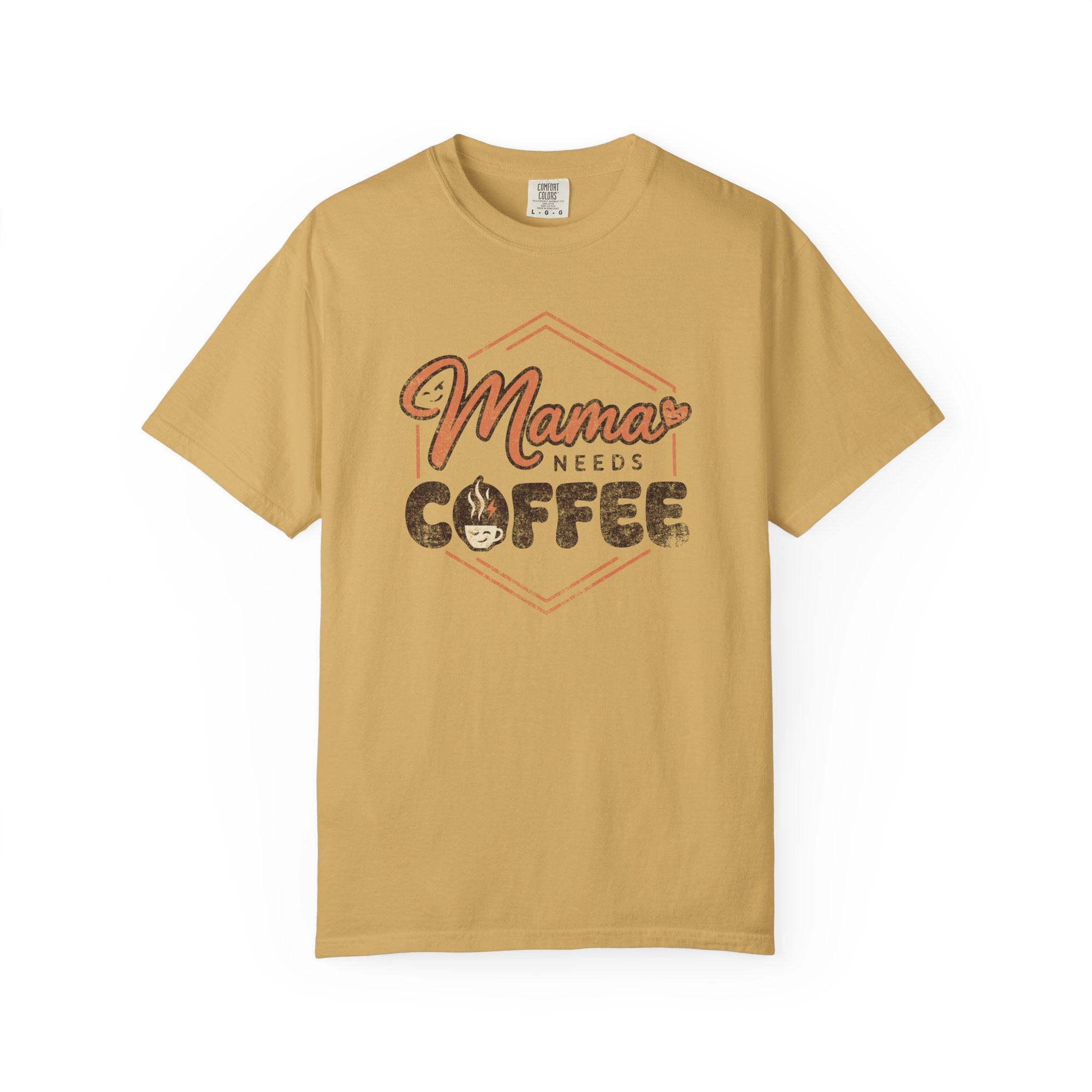 Mustard yellow unisex t-shirt with a distressed graphic reading Mama Needs Coffee.