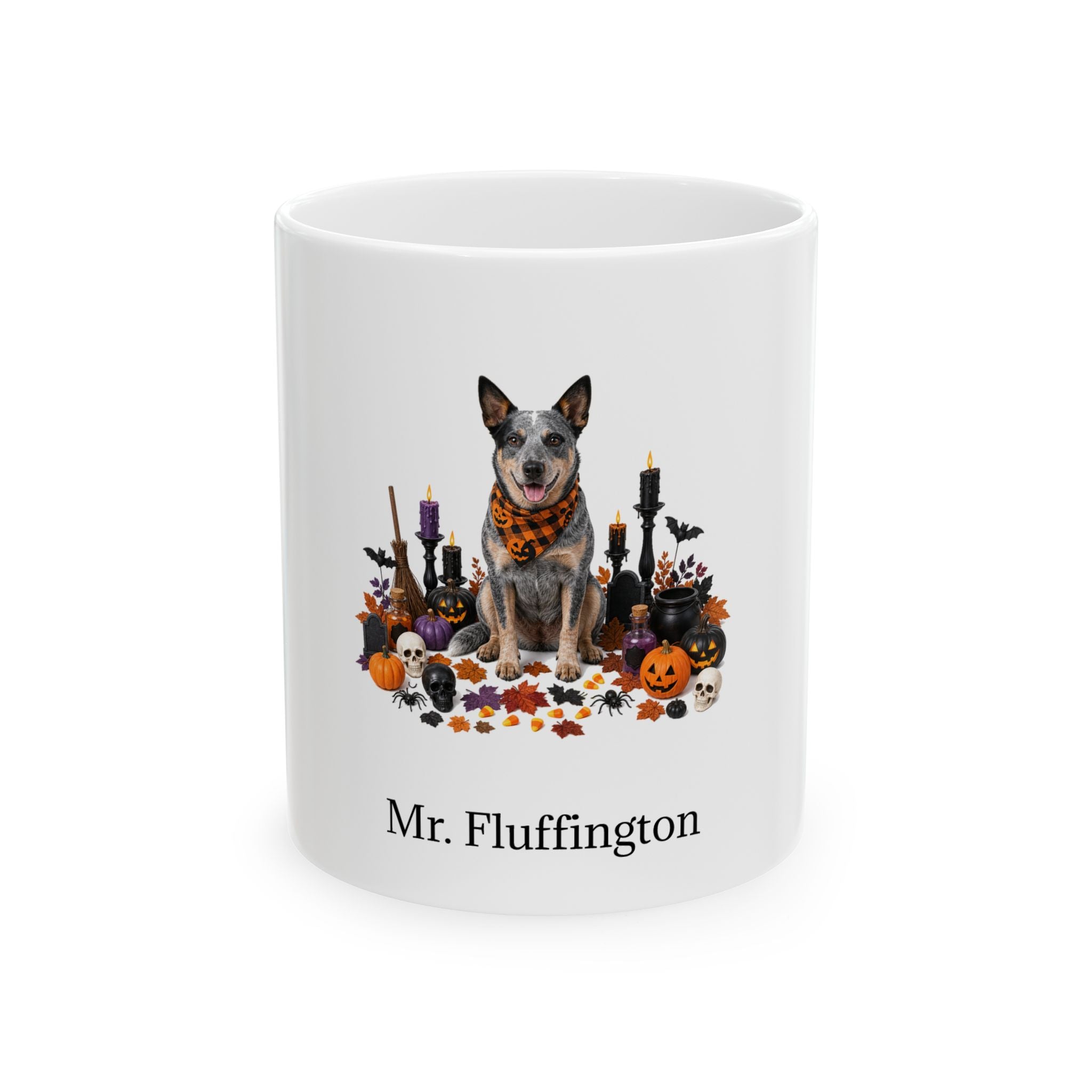 Personalized Australian Cattle Dog Halloween mug, 15oz white ceramic, with custom pet name on front