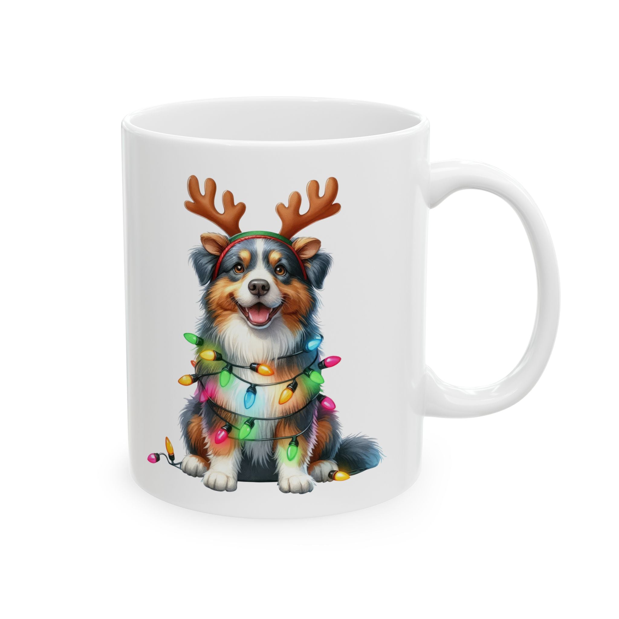 White ceramic mug with a Christmas-themed Australian Shepherd illustration.