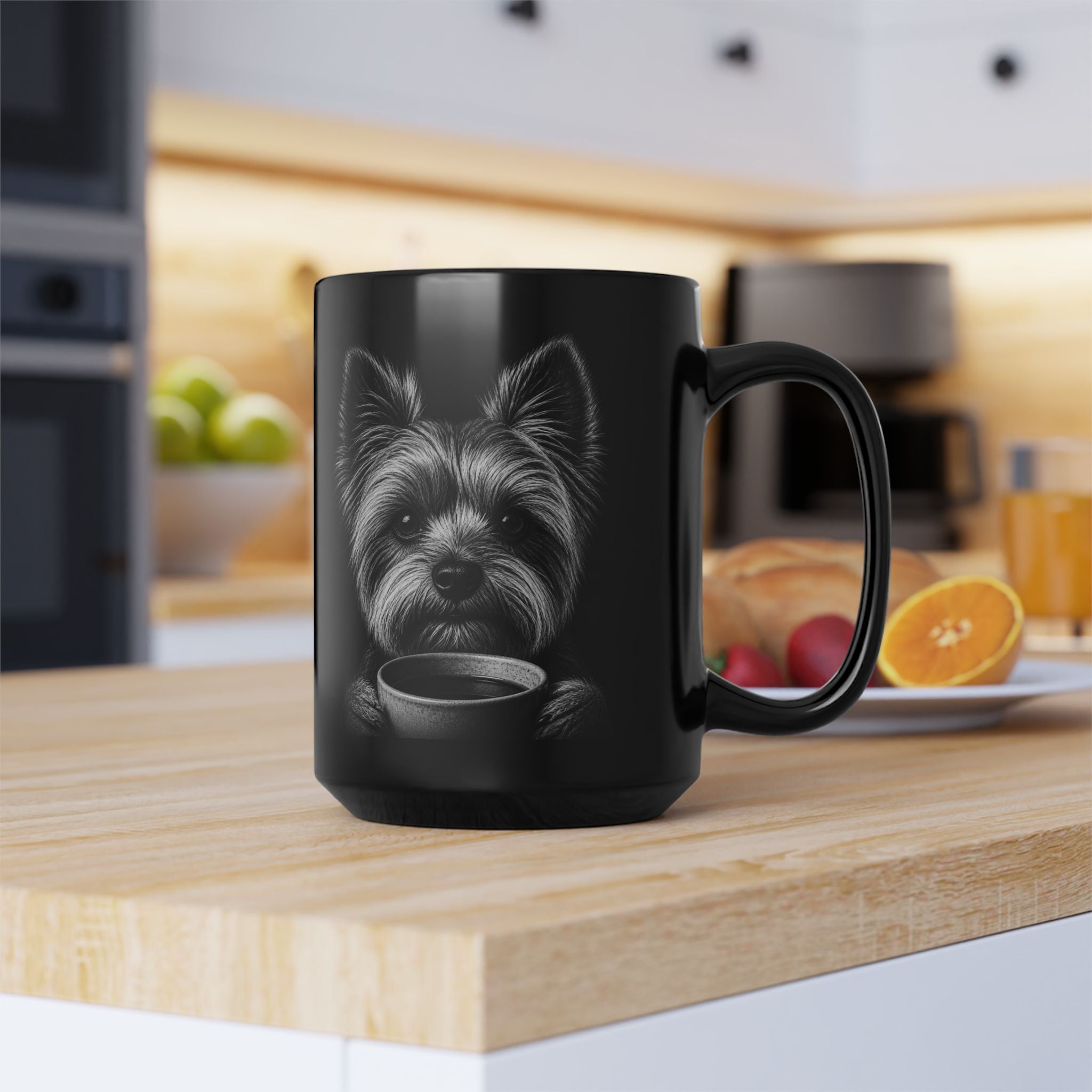 Black mug with 'SMILES' text on a kitchen counter