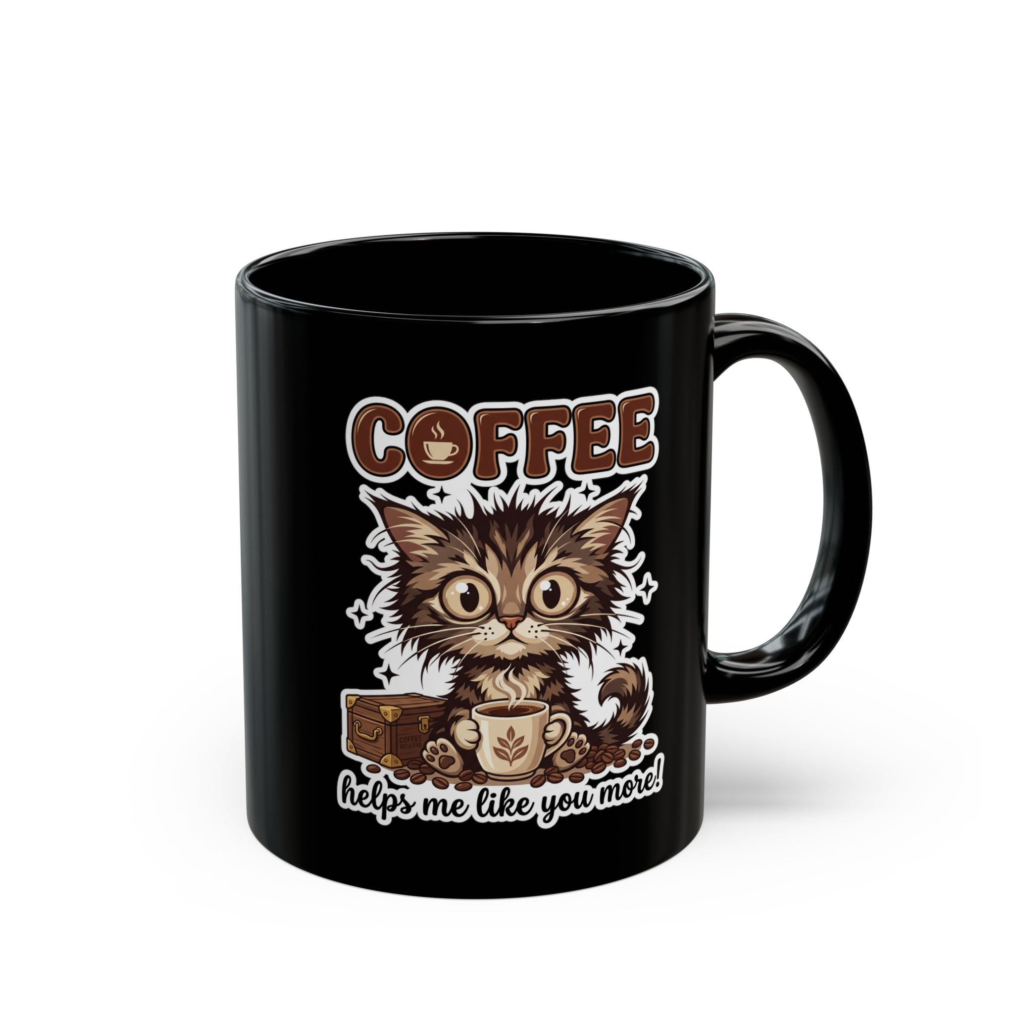 Black ceramic mug featuring a cute kitten illustration with the text Coffee helps me like you more.