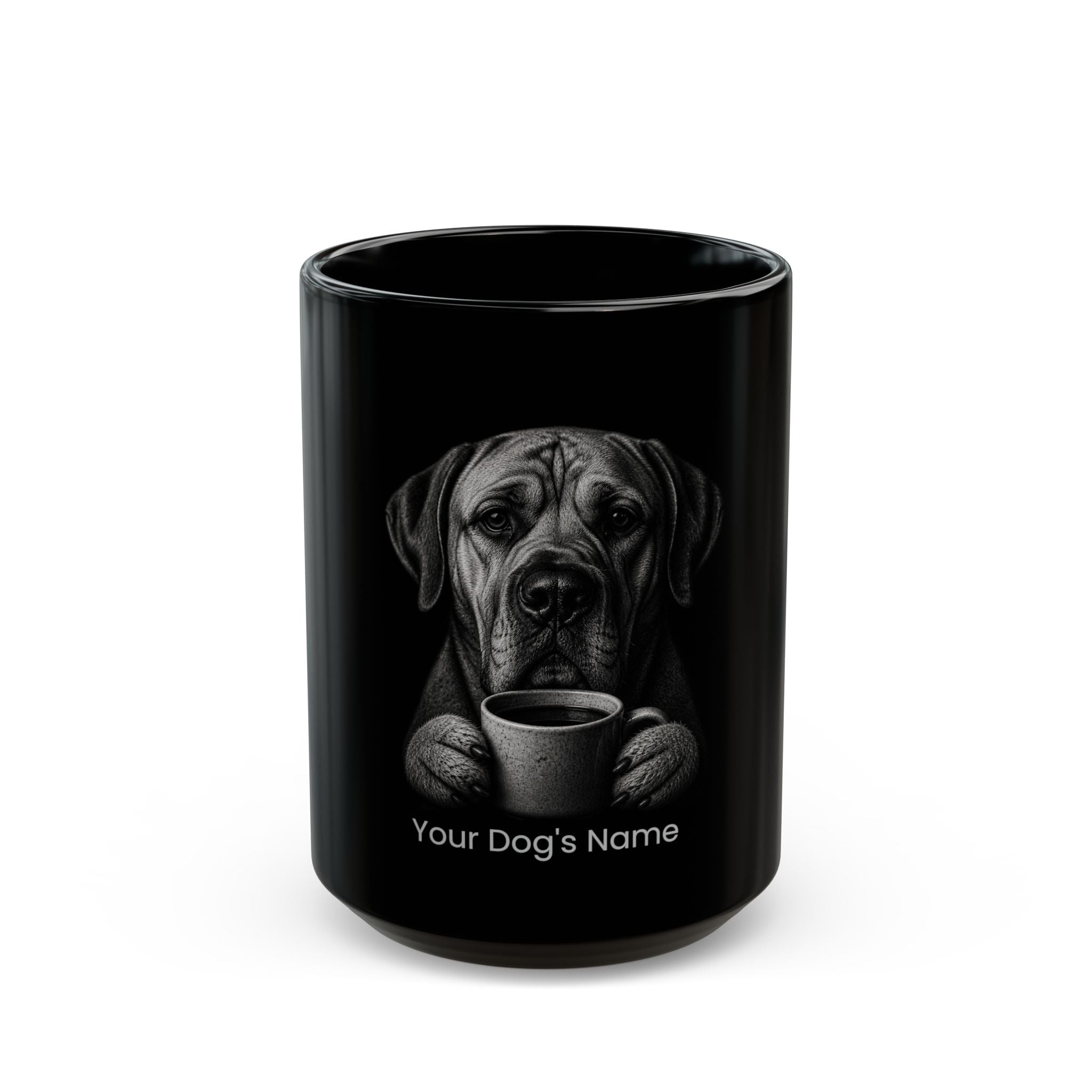 Personalized Fila Brasileiro black ceramic coffee mug with custom dog name