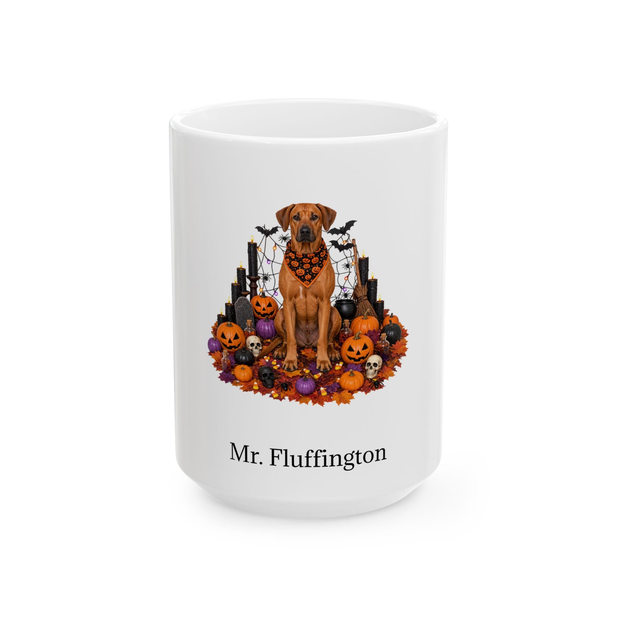 Personalized Rhodesian Ridgeback dog Halloween mug, 15oz white ceramic, with custom pet name on front