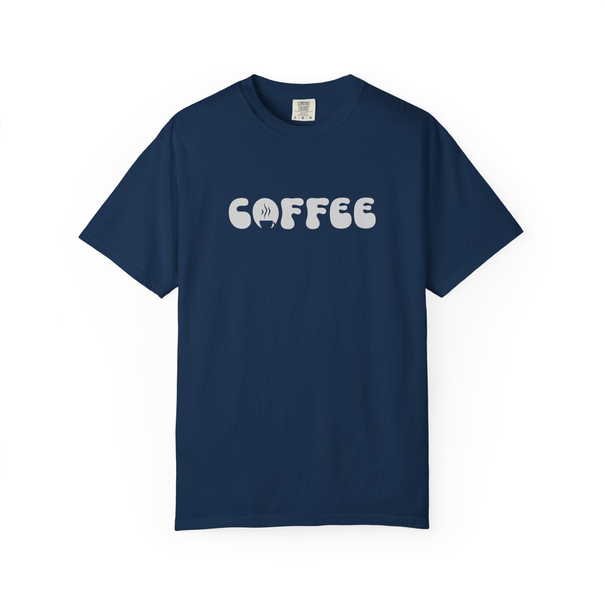 A navy blue short-sleeve t-shirt featuring the word COFFEE in a white retro bubble font.