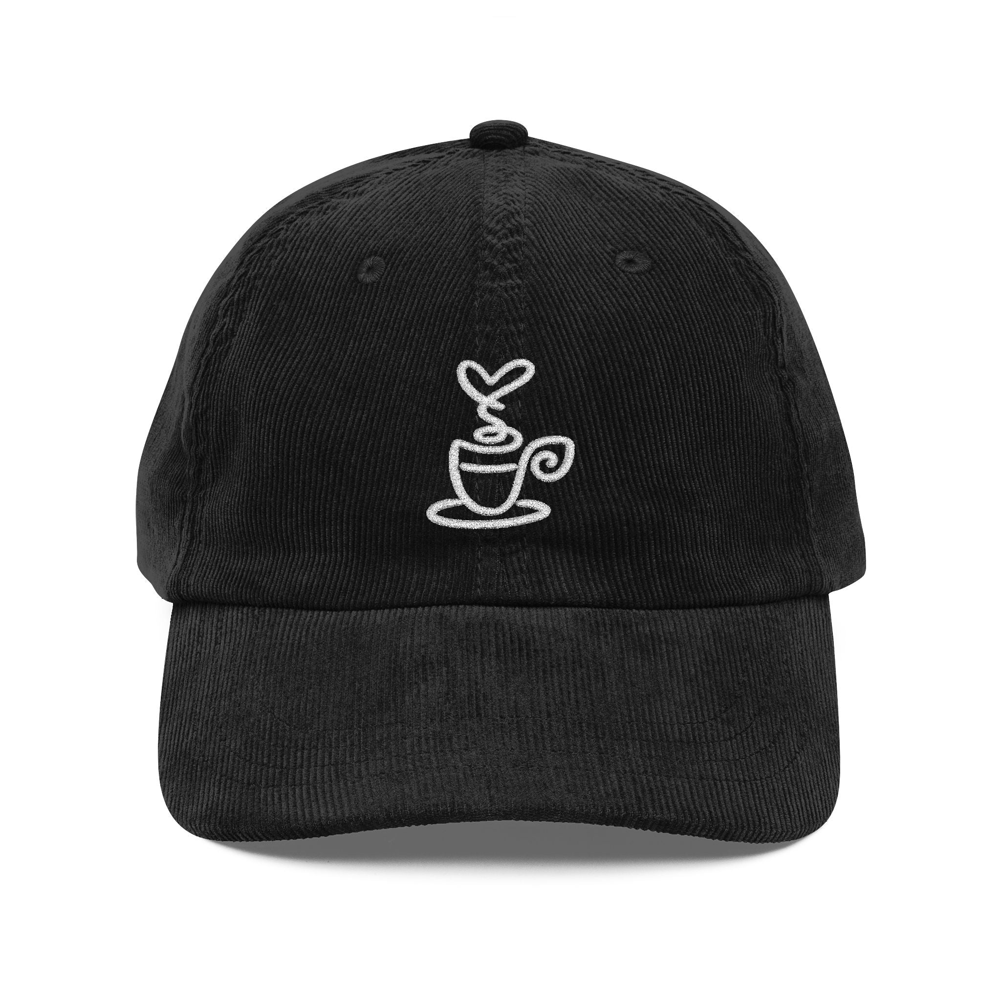 A black corduroy dad hat featuring a white embroidered coffee cup icon on the front.