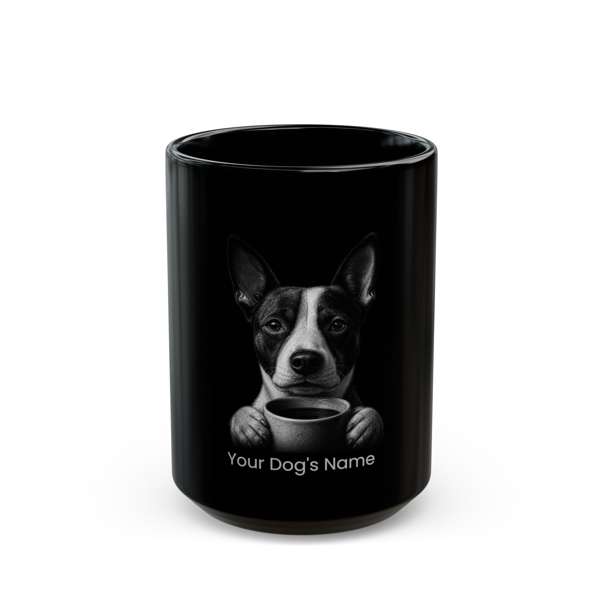 Personalized Basenji black ceramic coffee mug with custom dog name