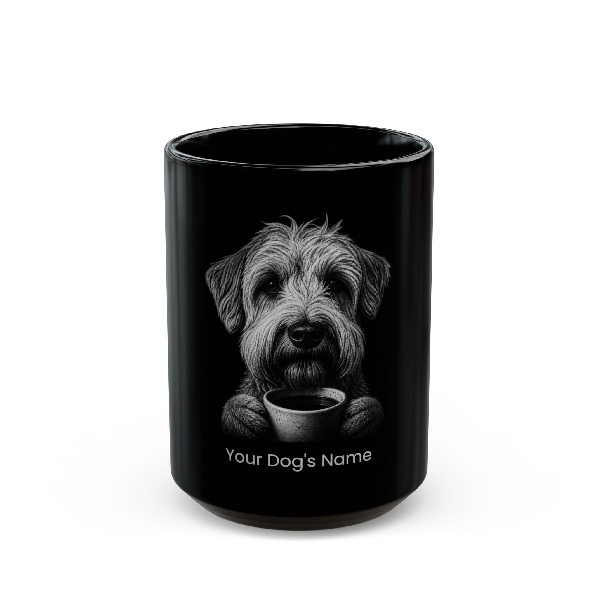 Personalized Soft-Coated Wheaten Terrier black ceramic coffee mug with custom dog name