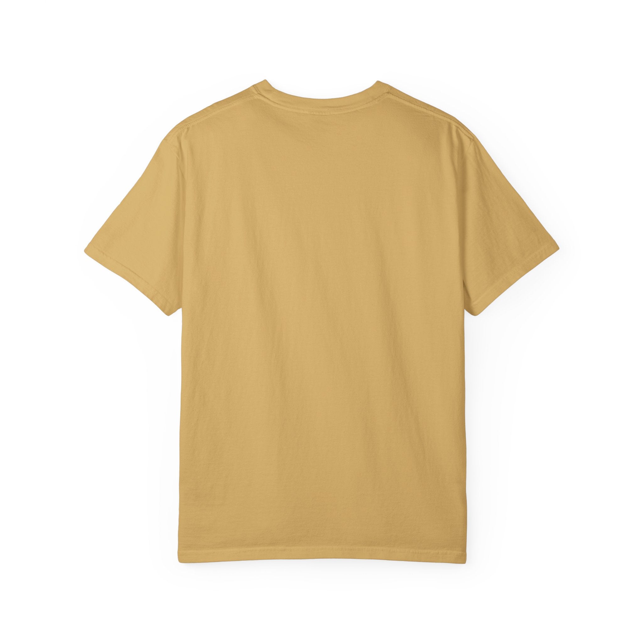 Back view of a plain mustard yellow crew neck t-shirt.