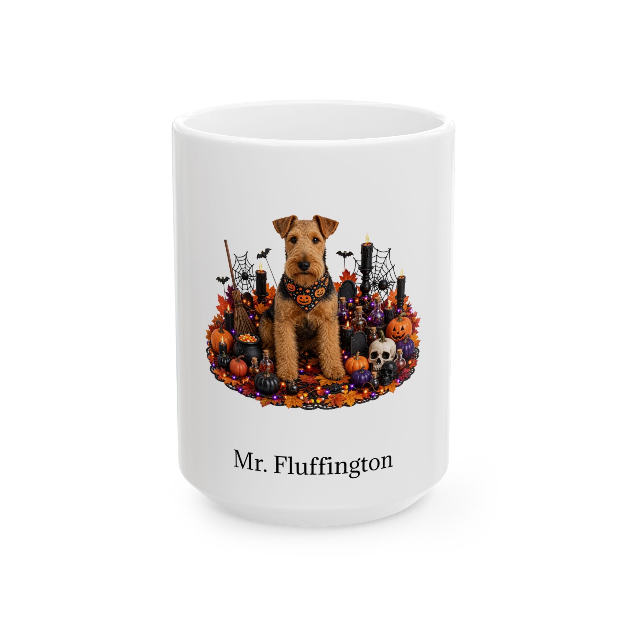 Personalized Welsh Terrier dog Halloween mug, 15oz white ceramic, with custom pet name on front