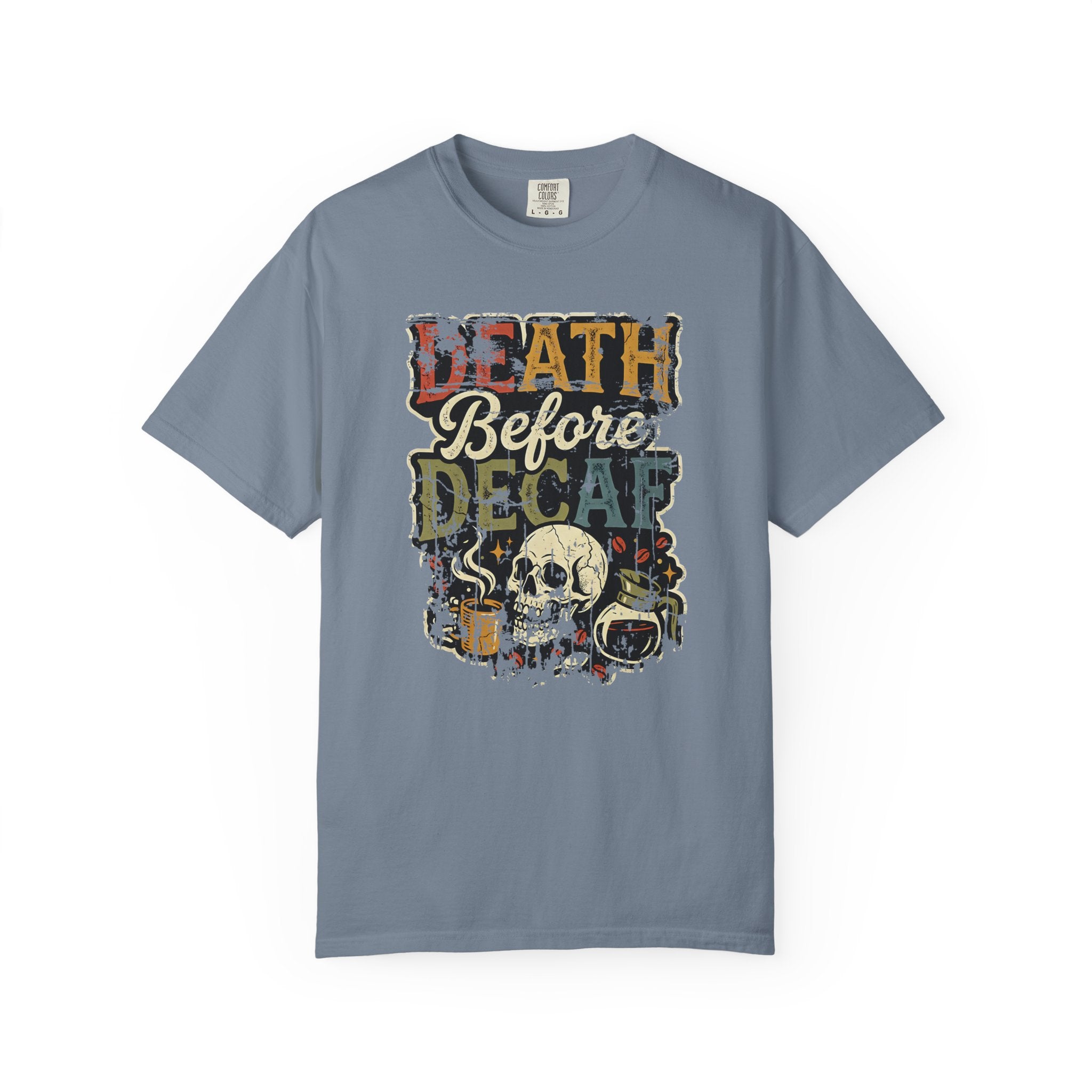 Blue unisex cotton t-shirt with a distressed graphic of a skull, coffee mug, and coffee pot.