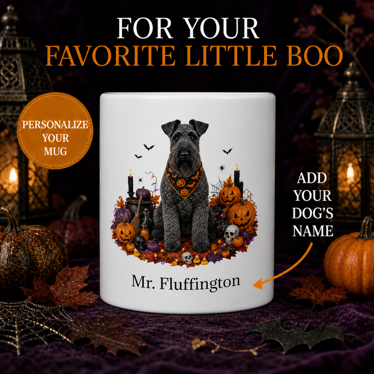 Personalized Kerry Blue Terrier Halloween Mug – Custom Dog Name Gift – front view with no handle
