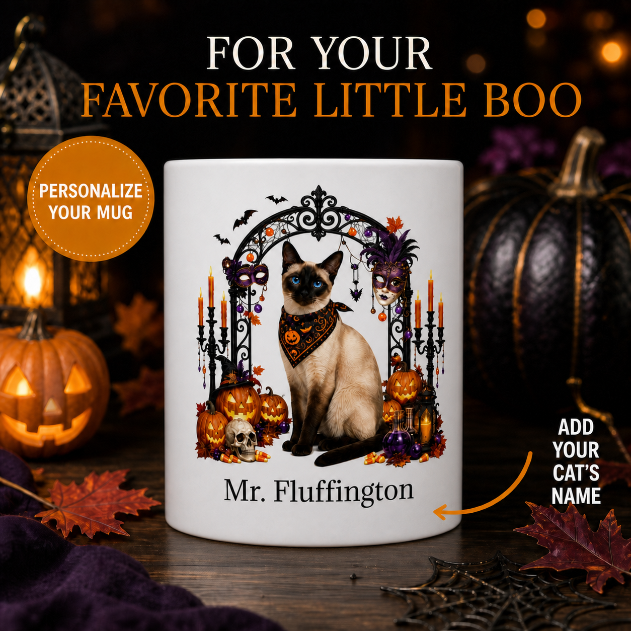 Personalized Siamese Cat Halloween Mug – Custom Pet Name Gift – front view with no handle