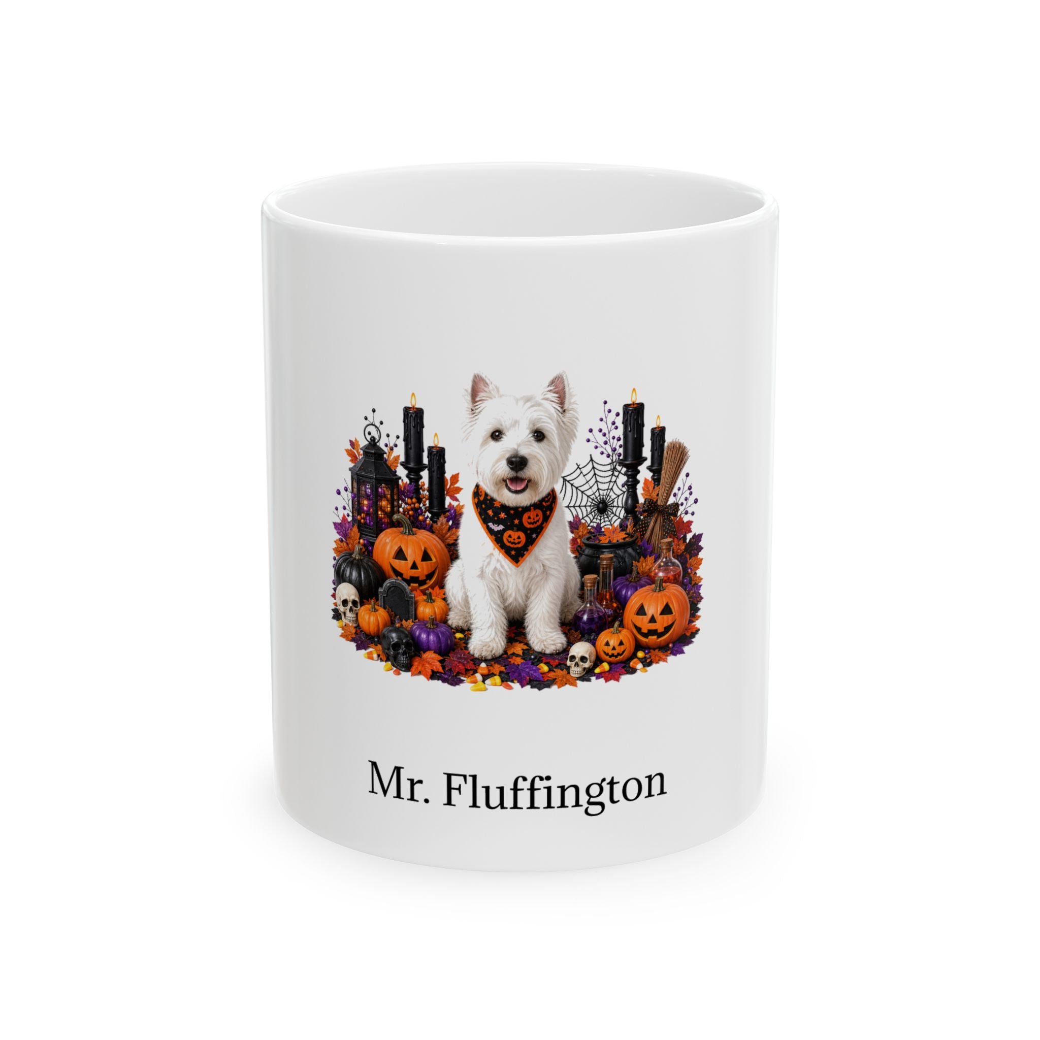 Personalized West Highland White Terrier dog Halloween mug, 15oz white ceramic, with custom pet name on front