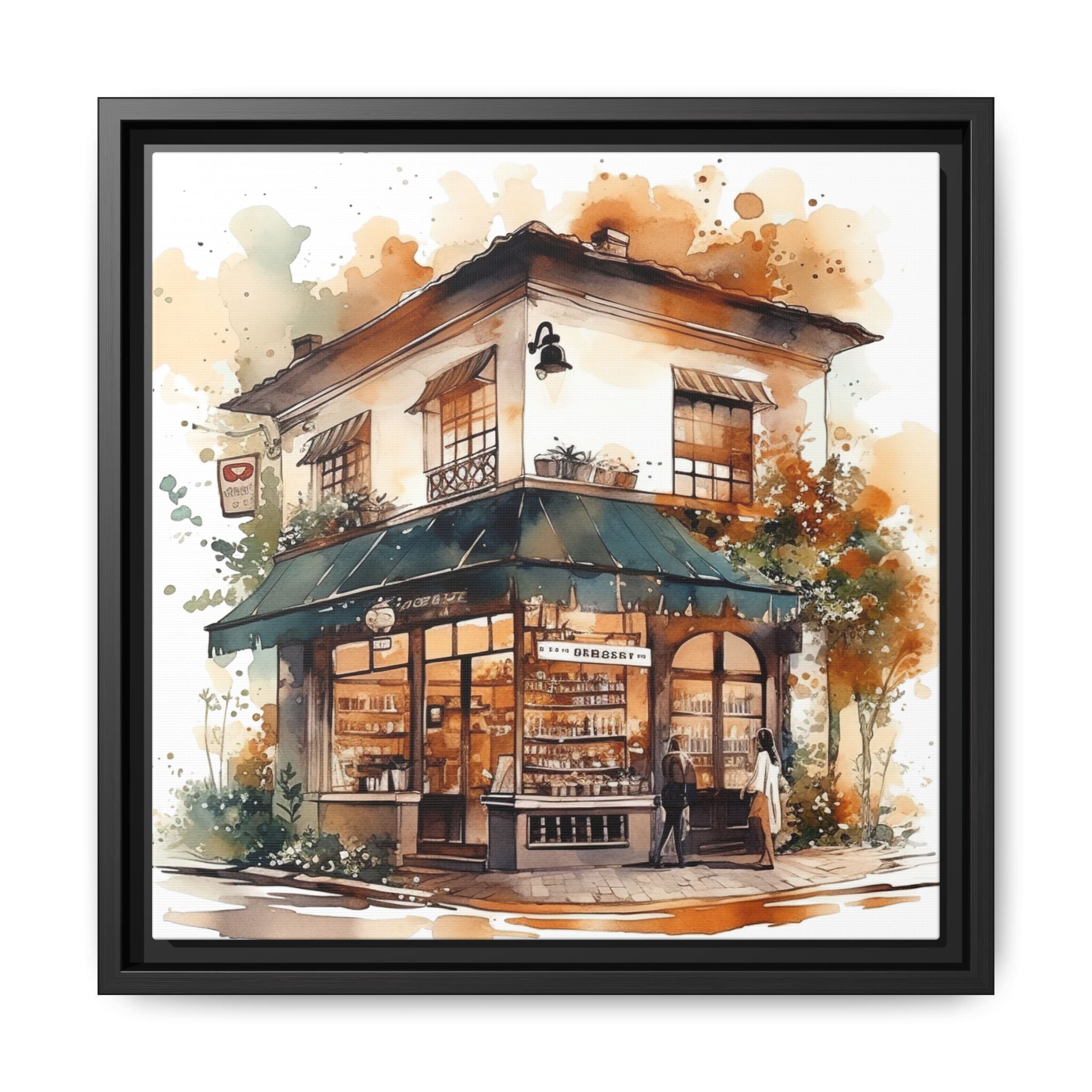 Vintage Corner Café Watercolor Framed Canvas Print - 14x14 Wall Art