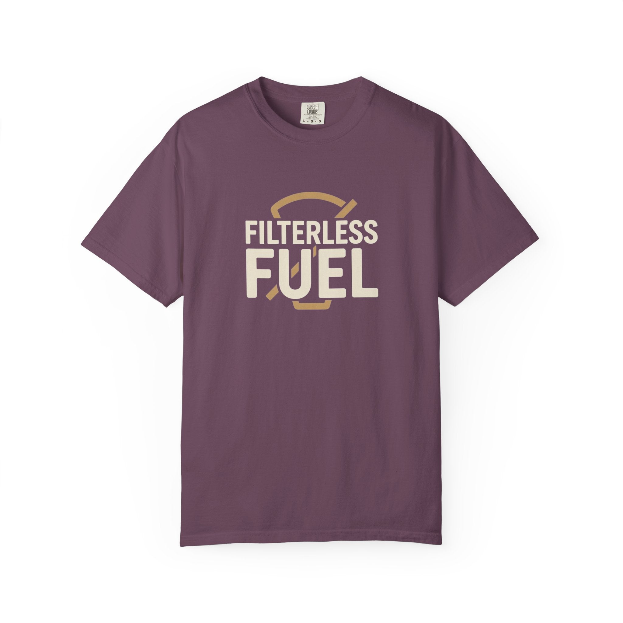 A plum-colored unisex t-shirt featuring the text Filterless Fuel with a coffee press graphic.