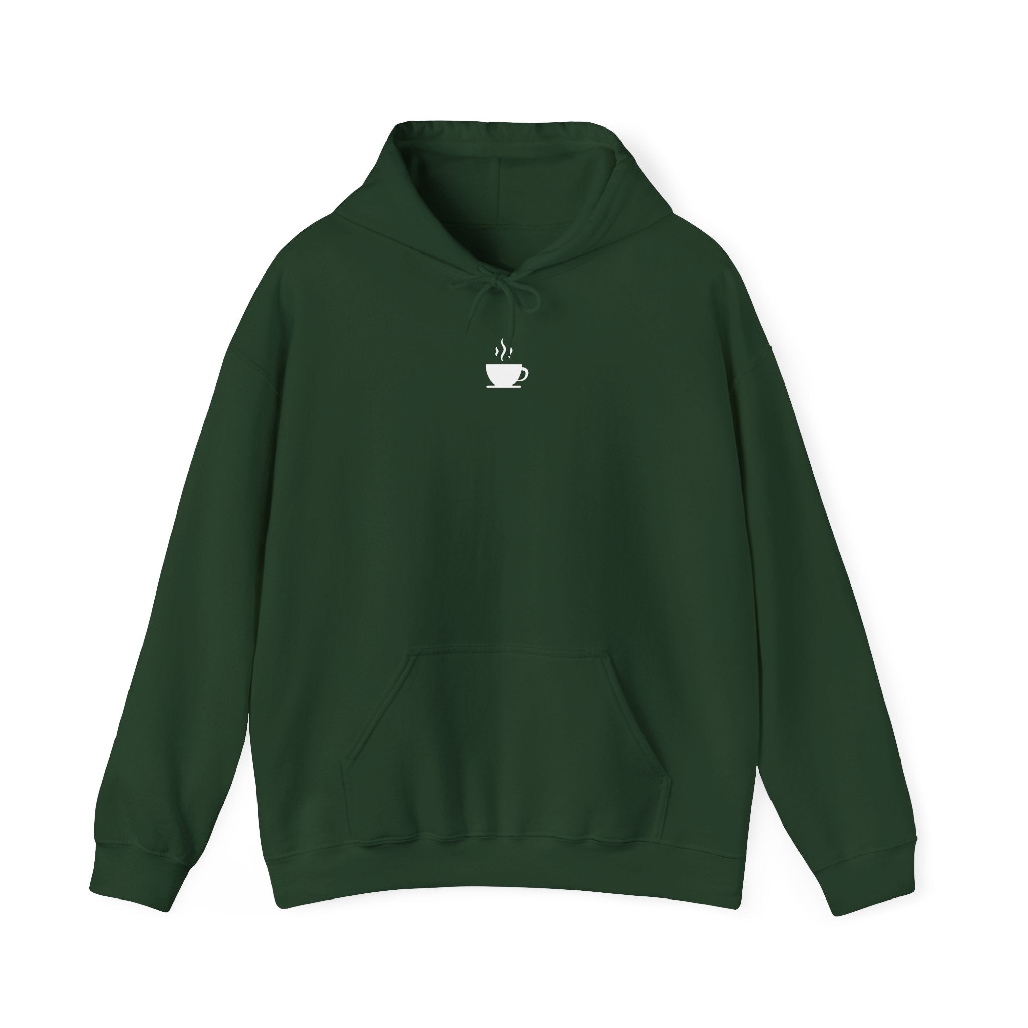 A dark green hooded sweatshirt featuring a small white coffee cup icon on the chest.
