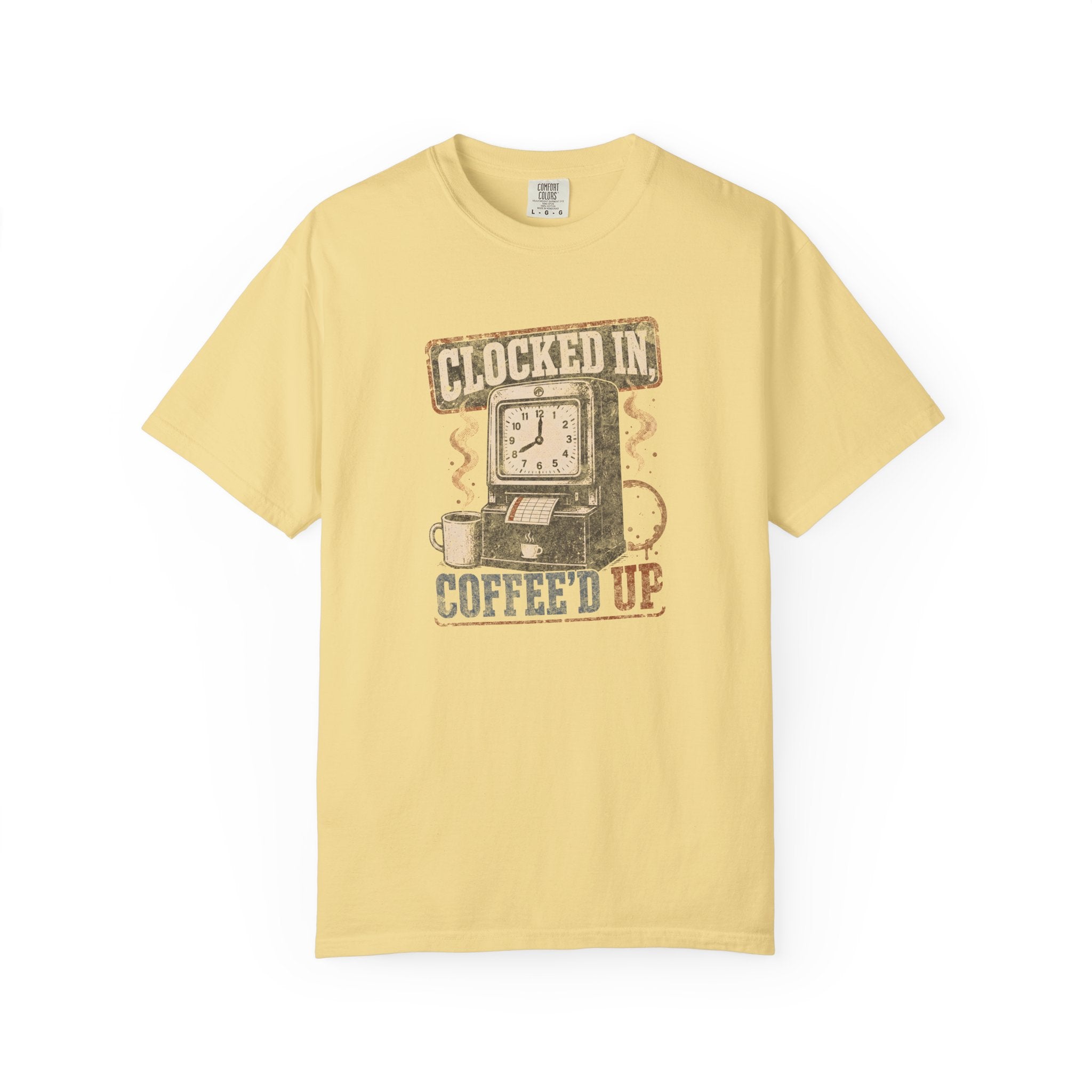 Light yellow Comfort Colors 1717 t-shirt with a vintage clock and coffee graphic on the front.