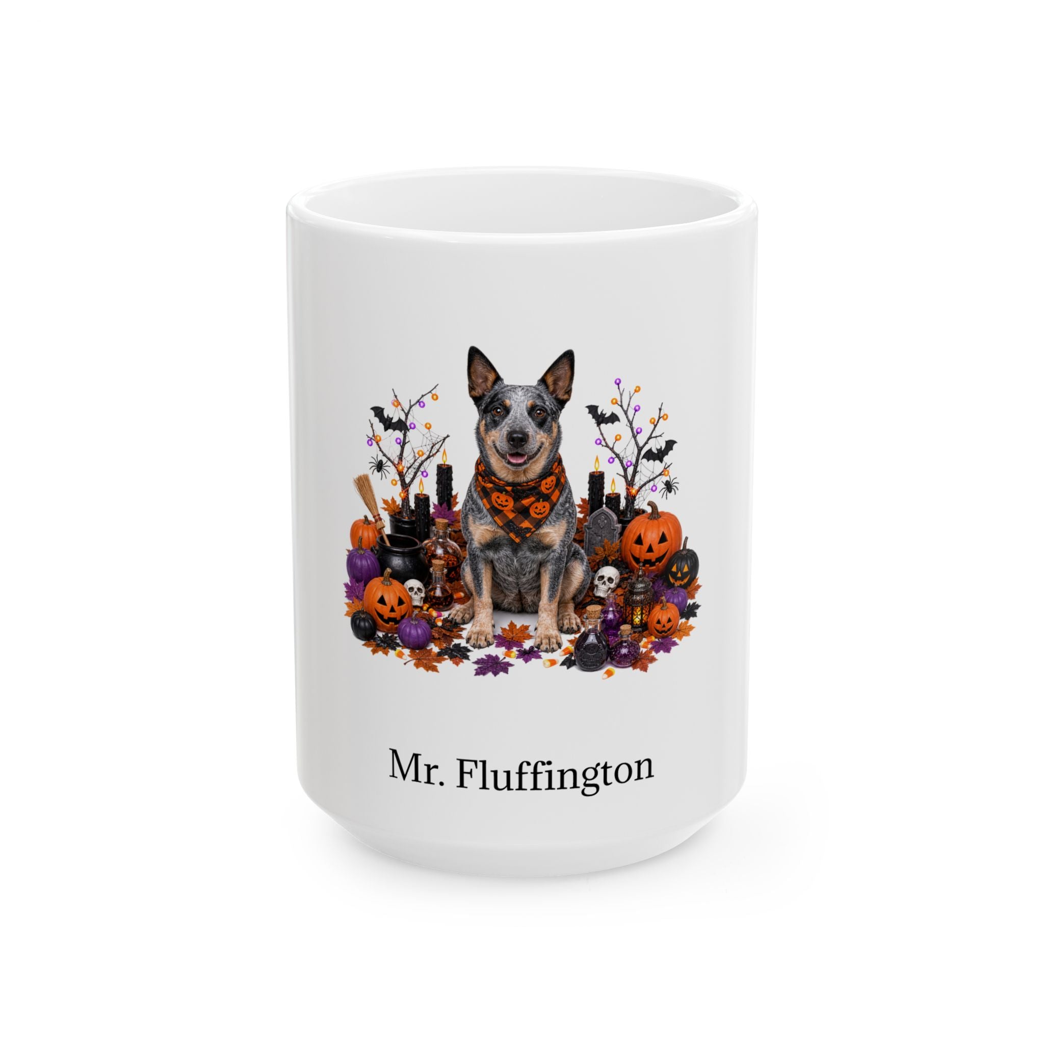 Personalized Australian Stumpy Tail Cattle Dog Halloween mug, 11oz white ceramic, with custom pet name on front