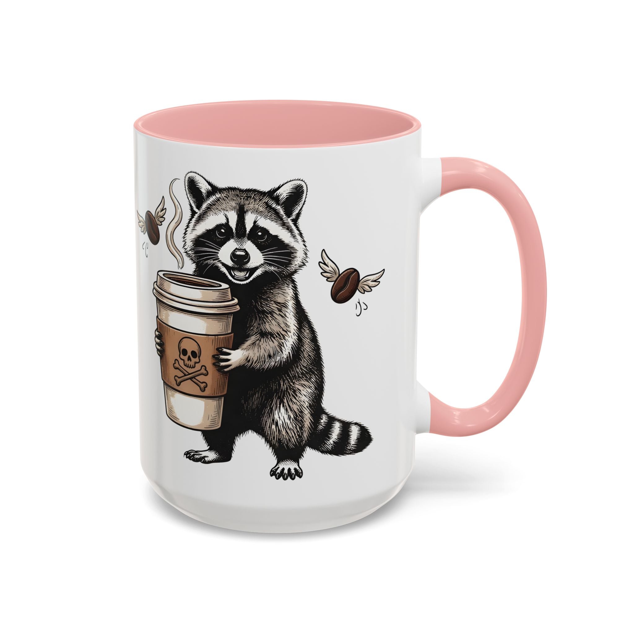 White ceramic mug with a pink handle and interior, featuring a raccoon holding a coffee cup.