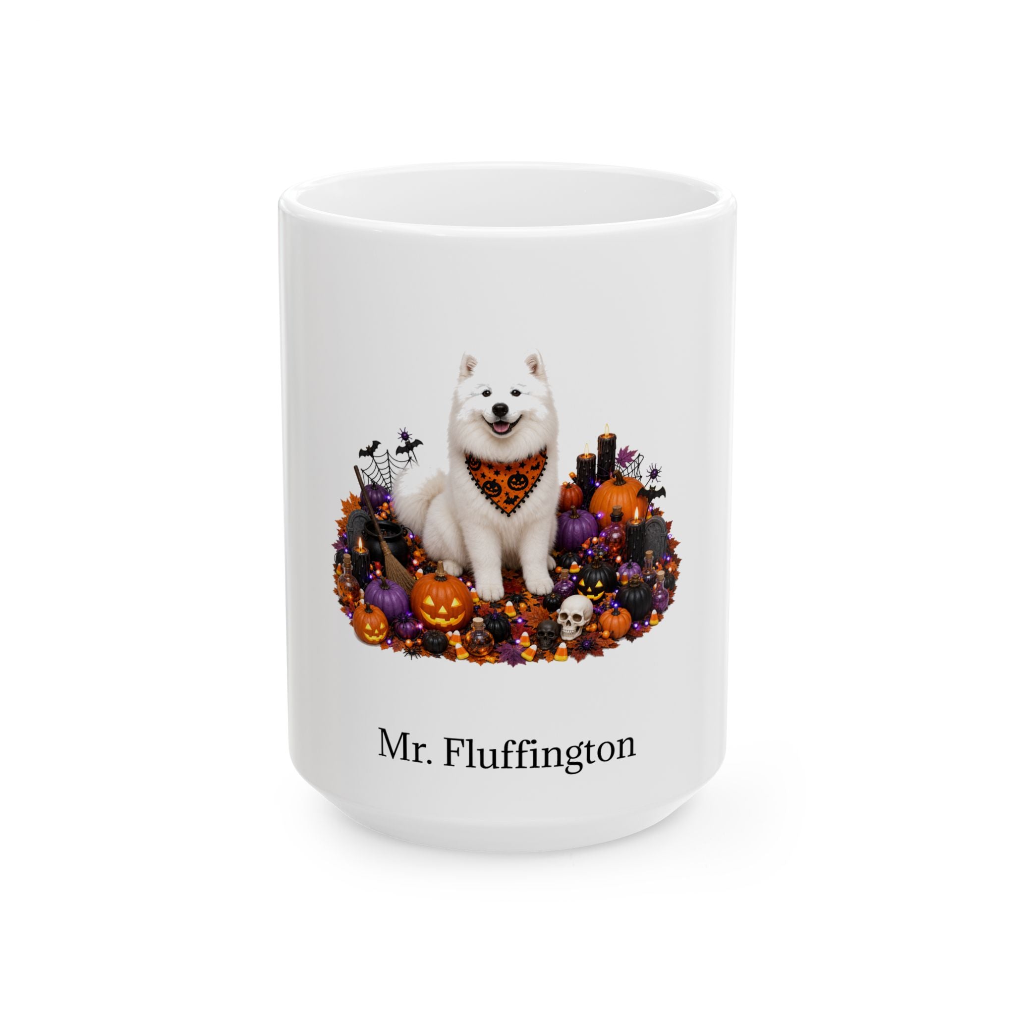 Personalized Samoyed dog Halloween mug, 15oz white ceramic, with custom pet name on front