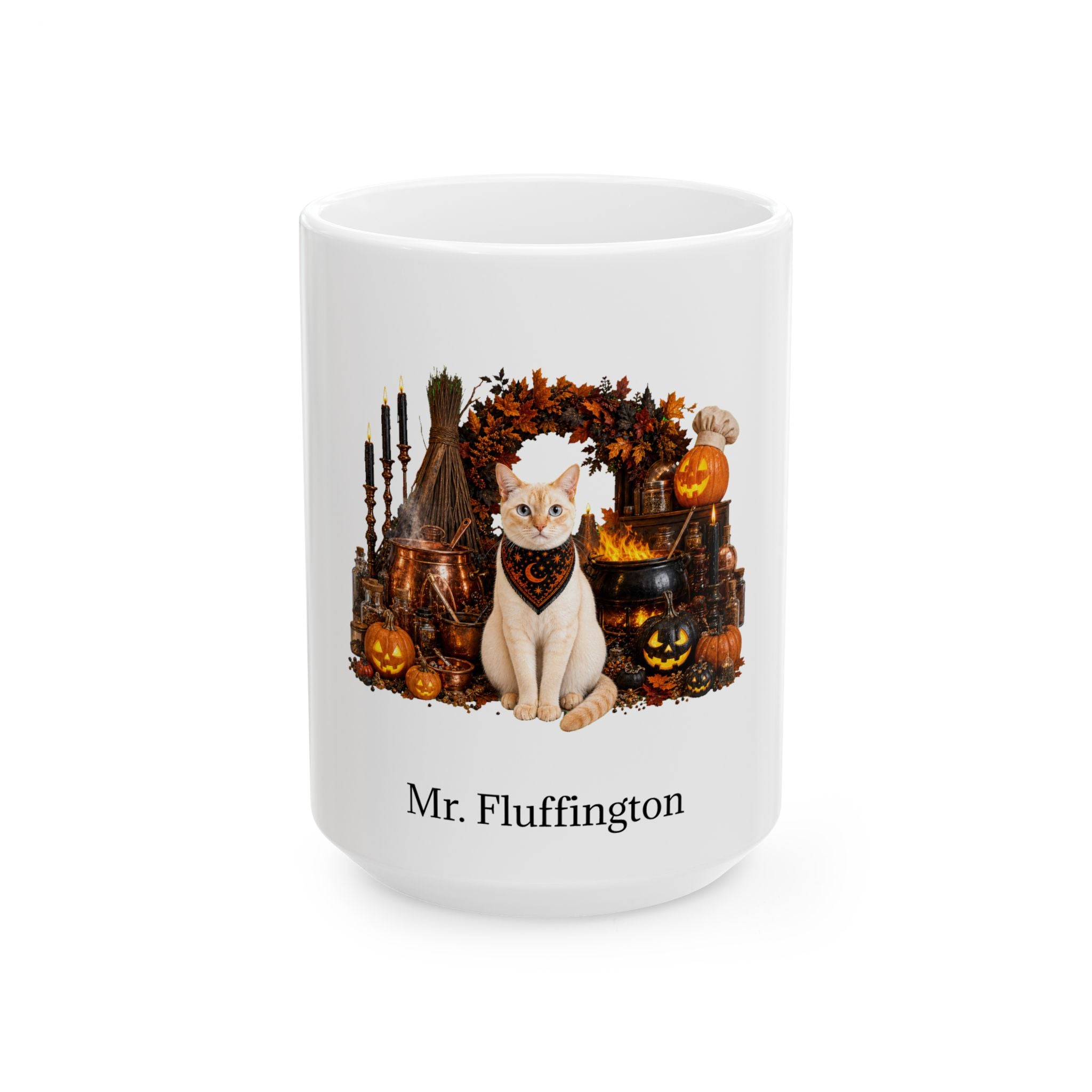 Personalized Colorpoint Shorthair cat Halloween mug, 15oz white ceramic, with custom pet name on front