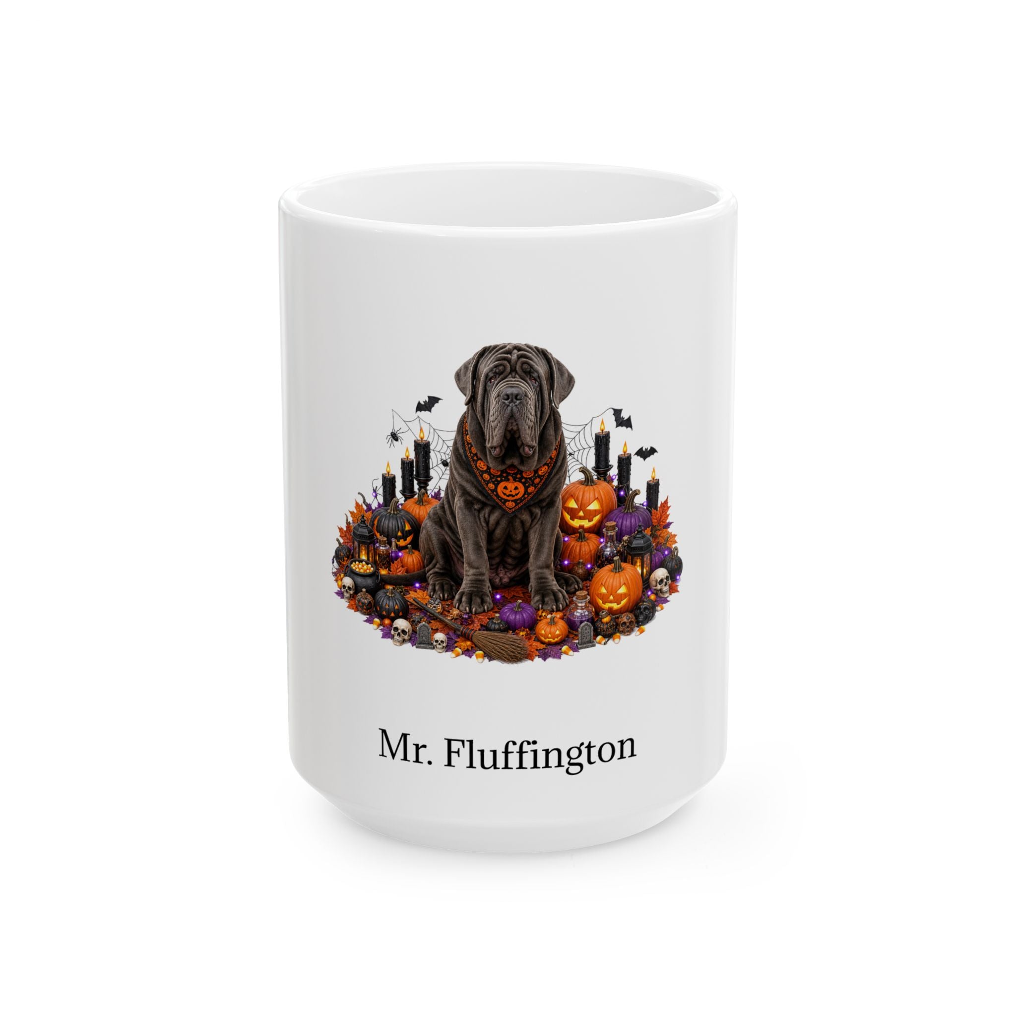 Personalized Neapolitan Mastiff dog Halloween mug, 15oz white ceramic, with custom pet name on front