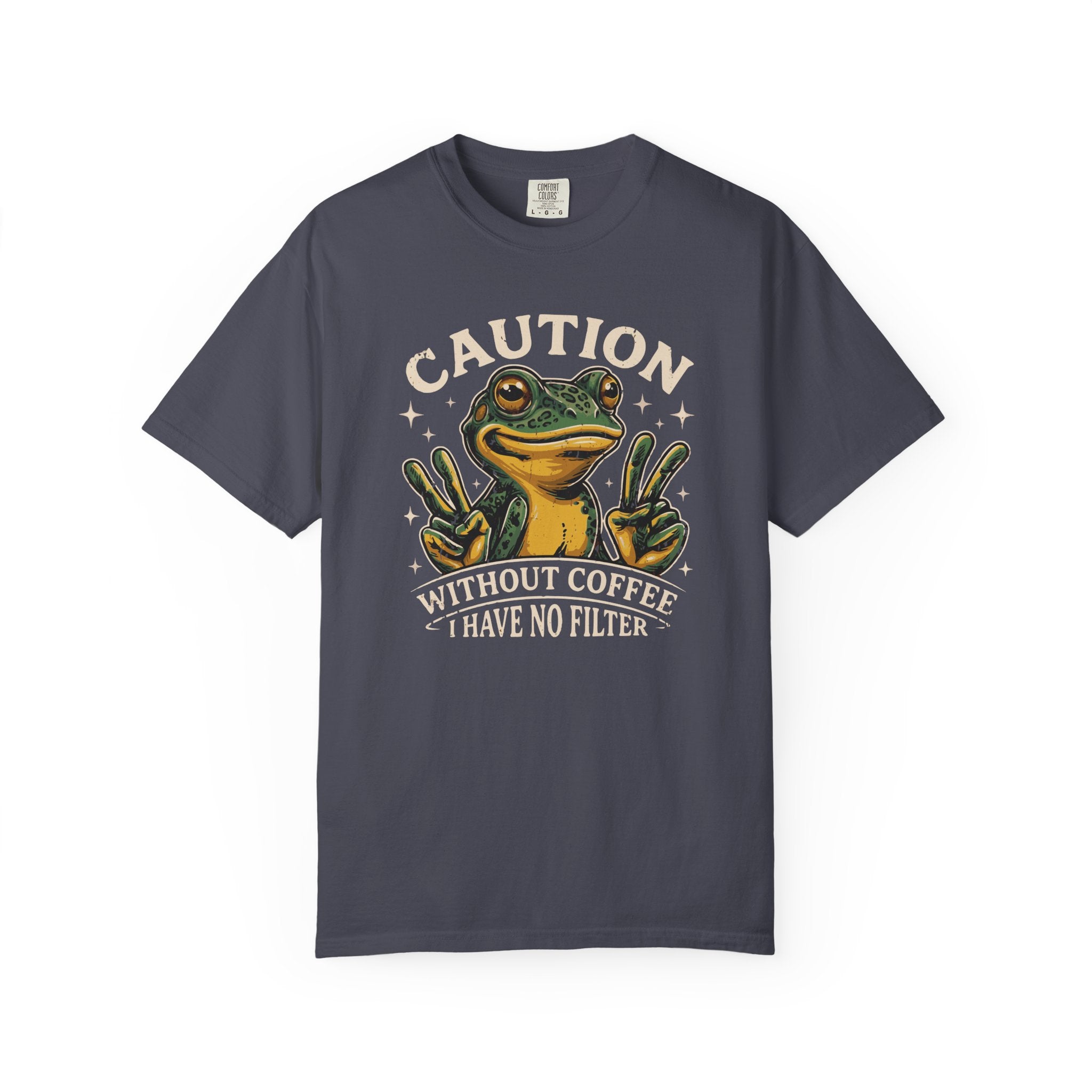 Dark grey t-shirt featuring a graphic of a frog making peace signs with the text Caution No Filter.