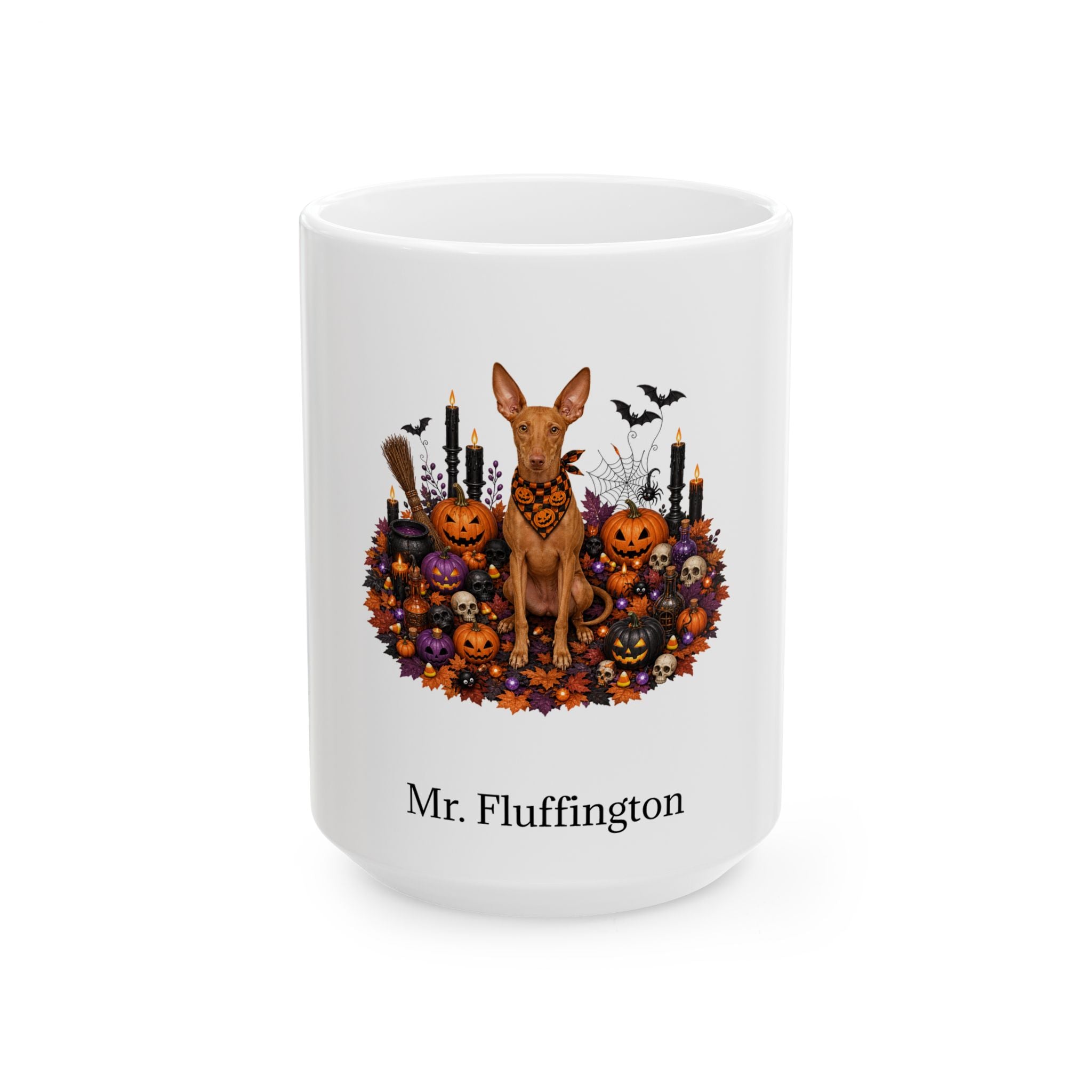 Personalized Cirneco dell’Etna dog Halloween mug, 11oz white ceramic, with custom pet name on front