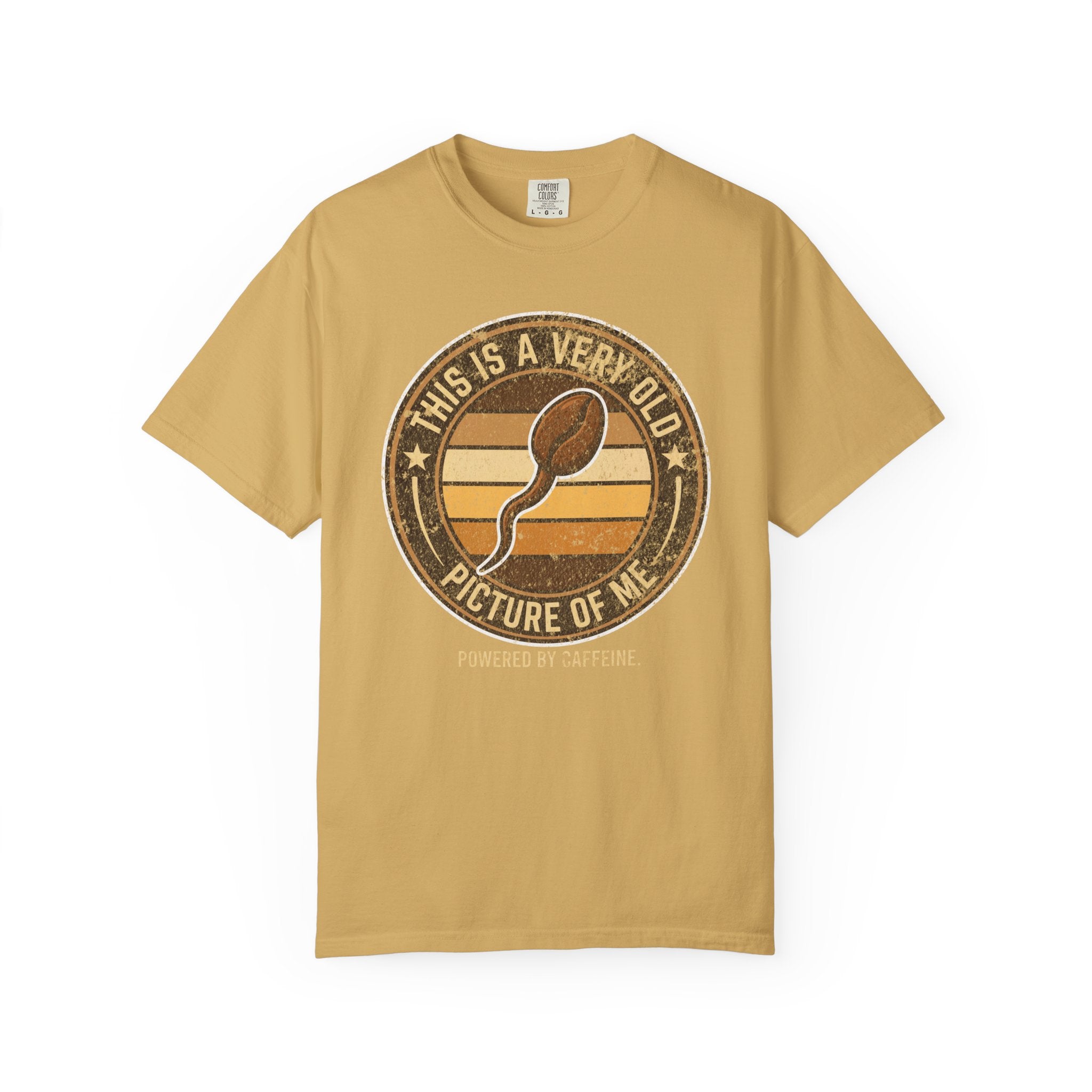 Mustard yellow t-shirt with a vintage-style graphic of a coffee bean shaped like a sperm cell.