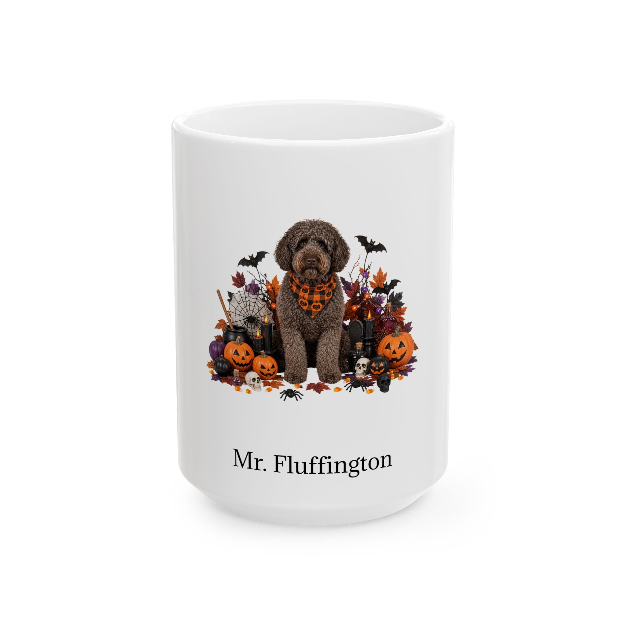 Personalized Barbet dog Halloween mug, 15oz white ceramic, with custom pet name on front