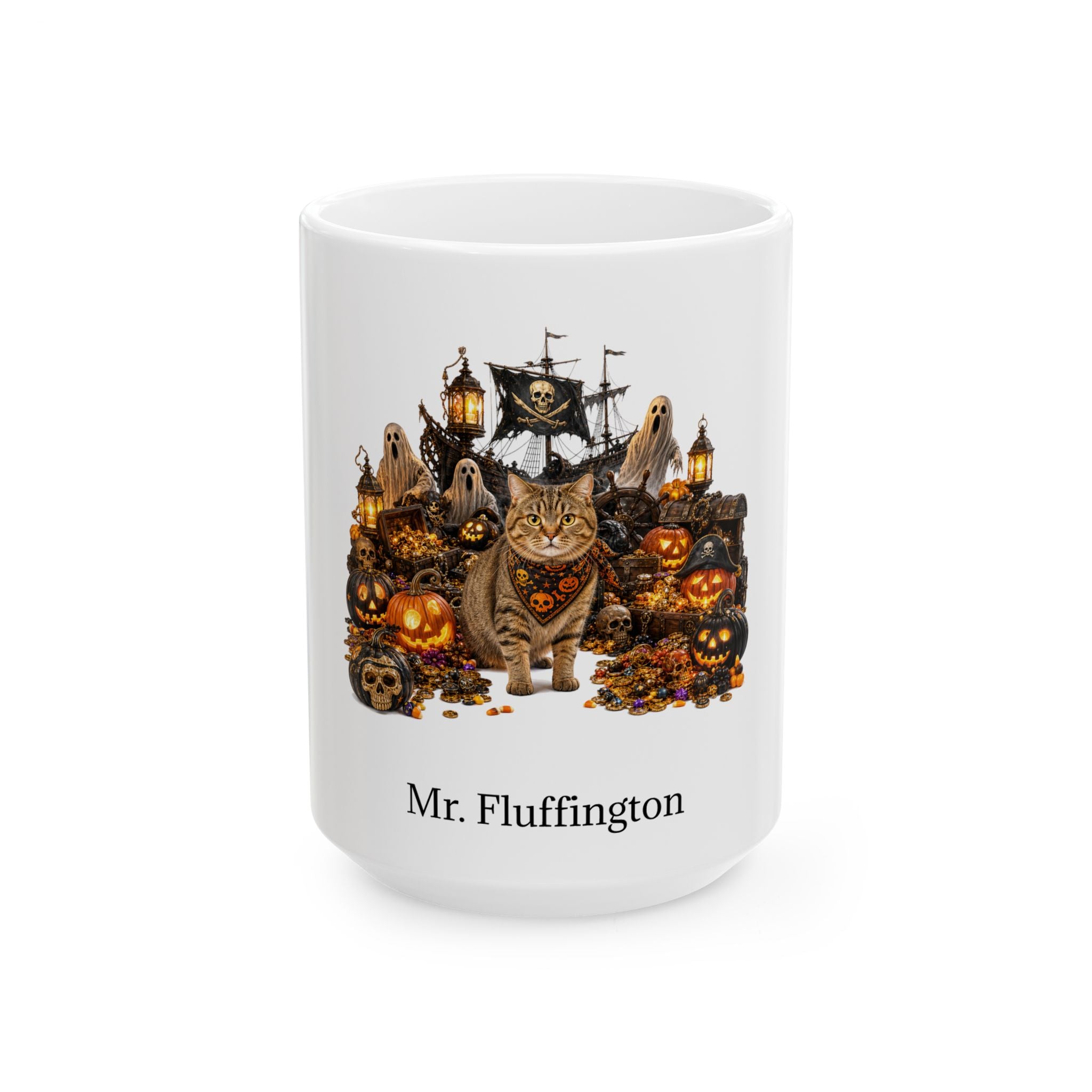 Personalized Manx cat Halloween mug, 15oz white ceramic, with custom pet name on front