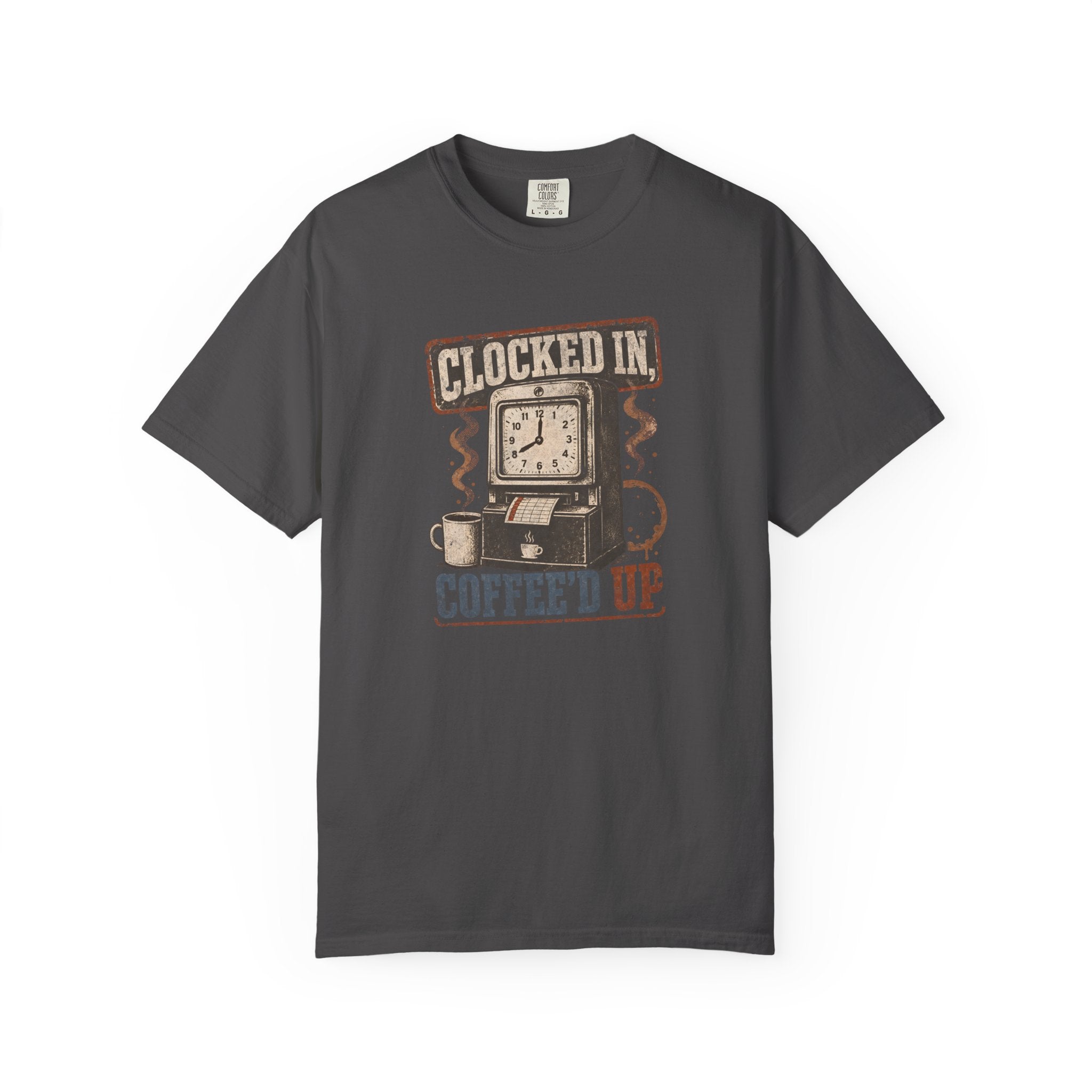 Charcoal grey Comfort Colors t-shirt with a vintage graphic of a time clock and coffee mug.