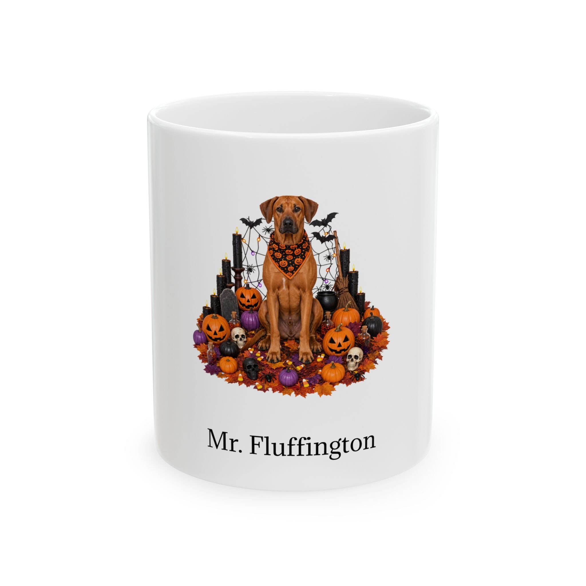 Personalized Rhodesian Ridgeback dog Halloween mug, 11oz white ceramic, with custom pet name on front