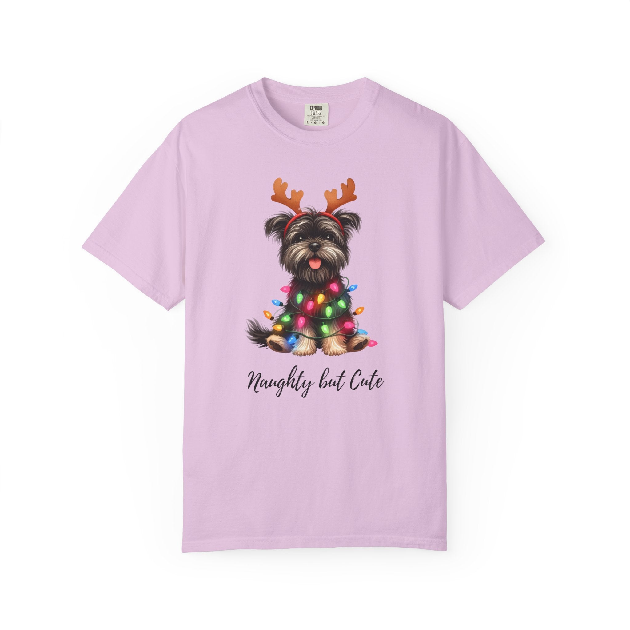 Light purple Comfort Colors t-shirt featuring a Yorkie with reindeer antlers and Christmas lights.