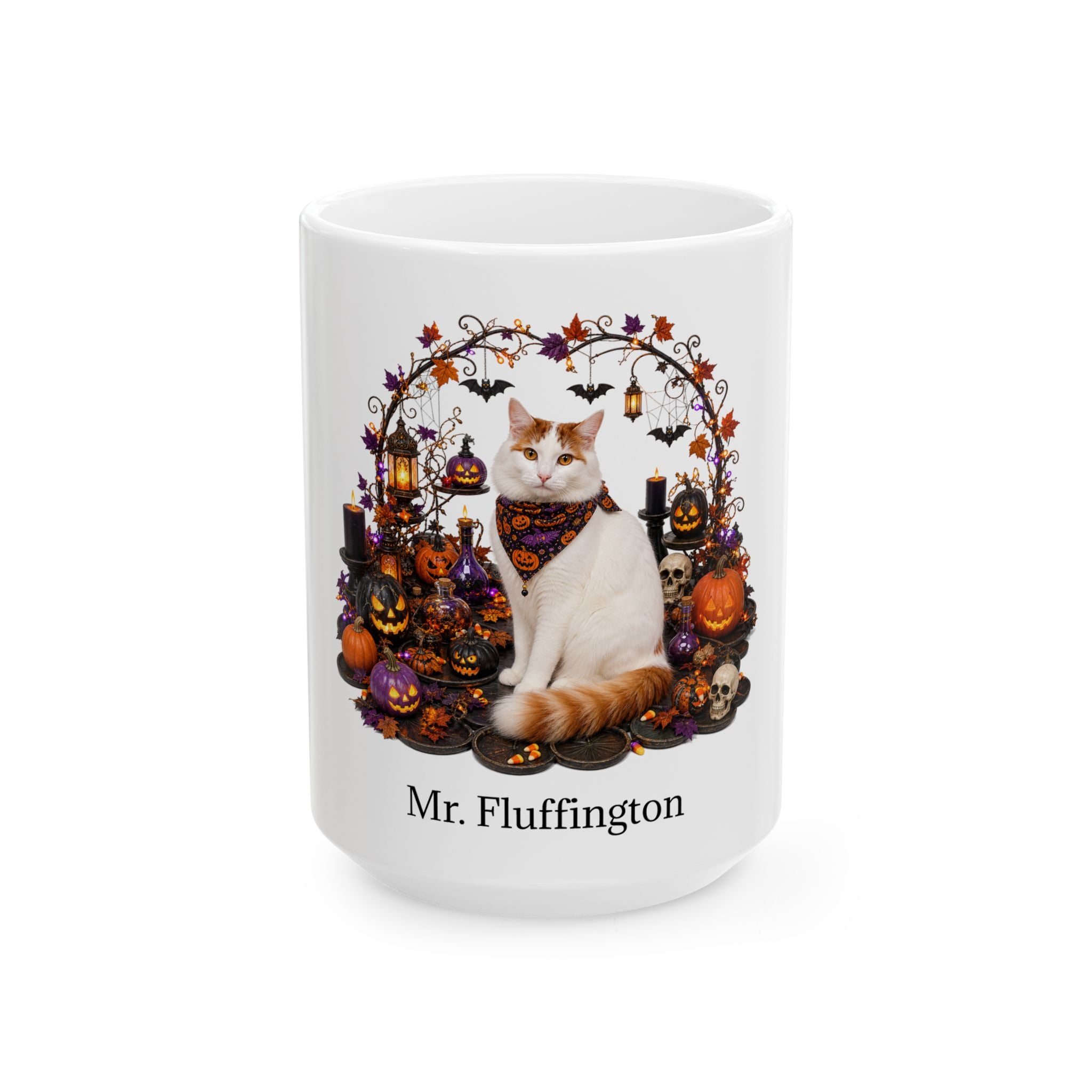 Angled Turkish Van cat Halloween mug with personalized pet name and fall design — image 3