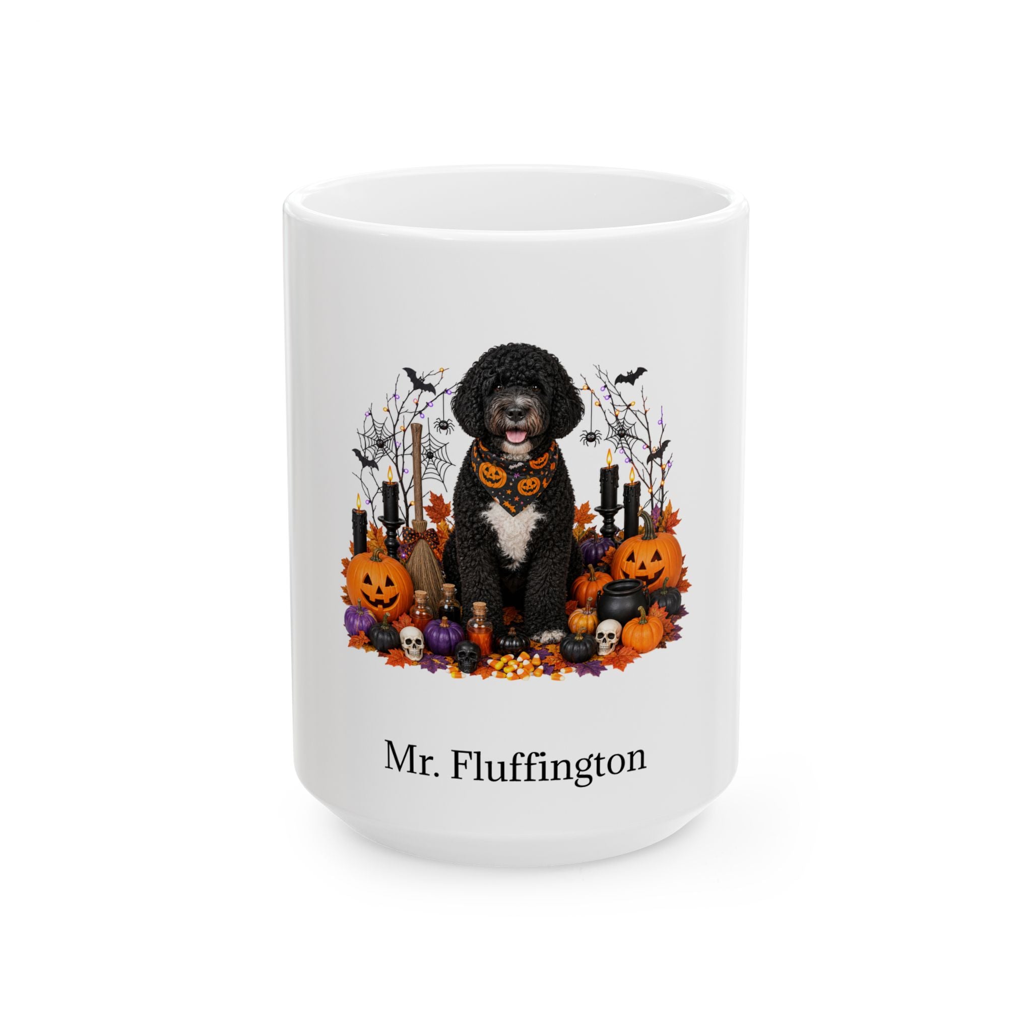 Personalized Portuguese Water dog Halloween mug, 15oz white ceramic, with custom pet name on front