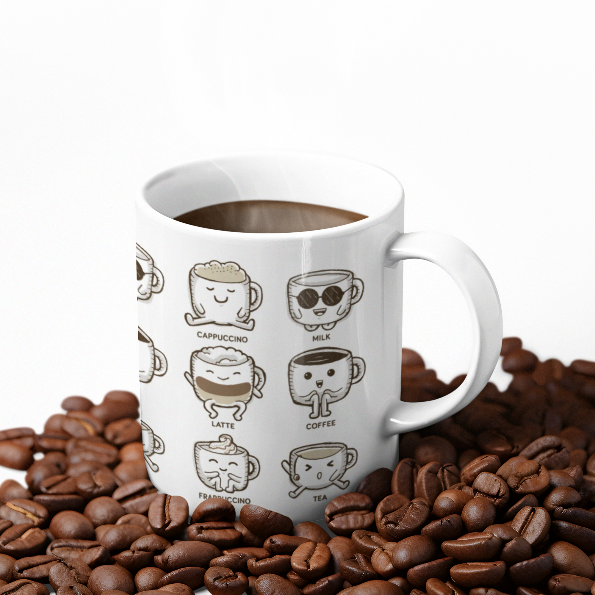 White ceramic mug with cartoon coffee and tea characters, surrounded by coffee beans.
