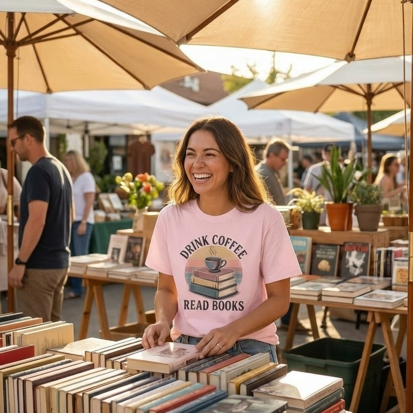 A woman wears a light pink t-shirt featuring a graphic of a coffee cup resting on a stack of books.