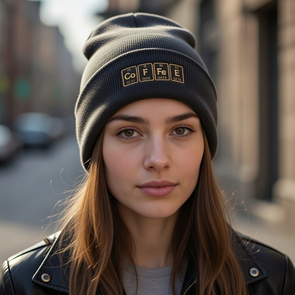 A dark gray cuffed beanie with "COFFEE" embroidered in gold periodic table elements.