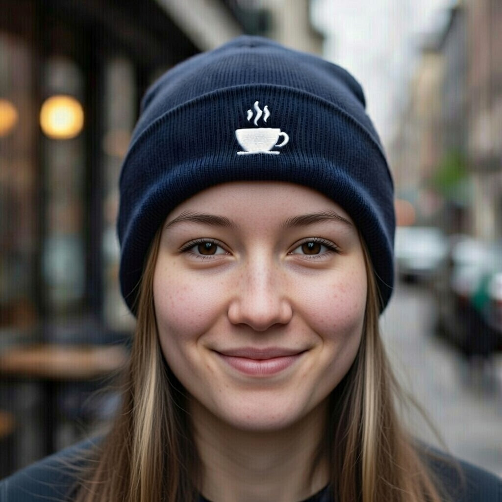 A person wears a navy cuffed beanie with a white embroidered steaming coffee cup.