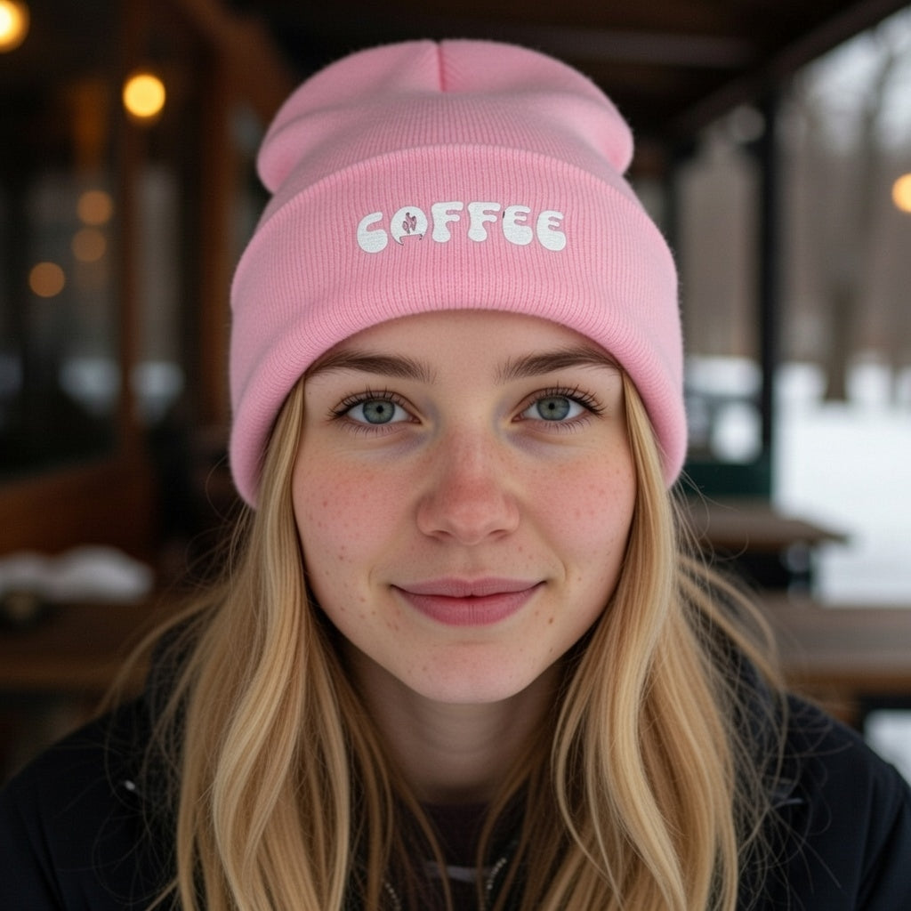 Pink cuffed beanie with embroidered "COFFEE" text.