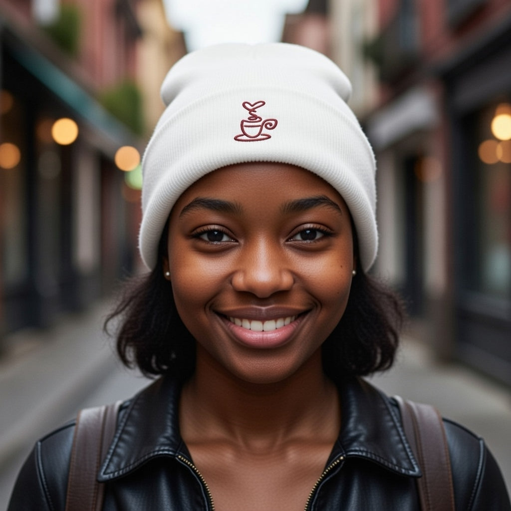 White cuffed knit beanie with an embroidered coffee cup design.