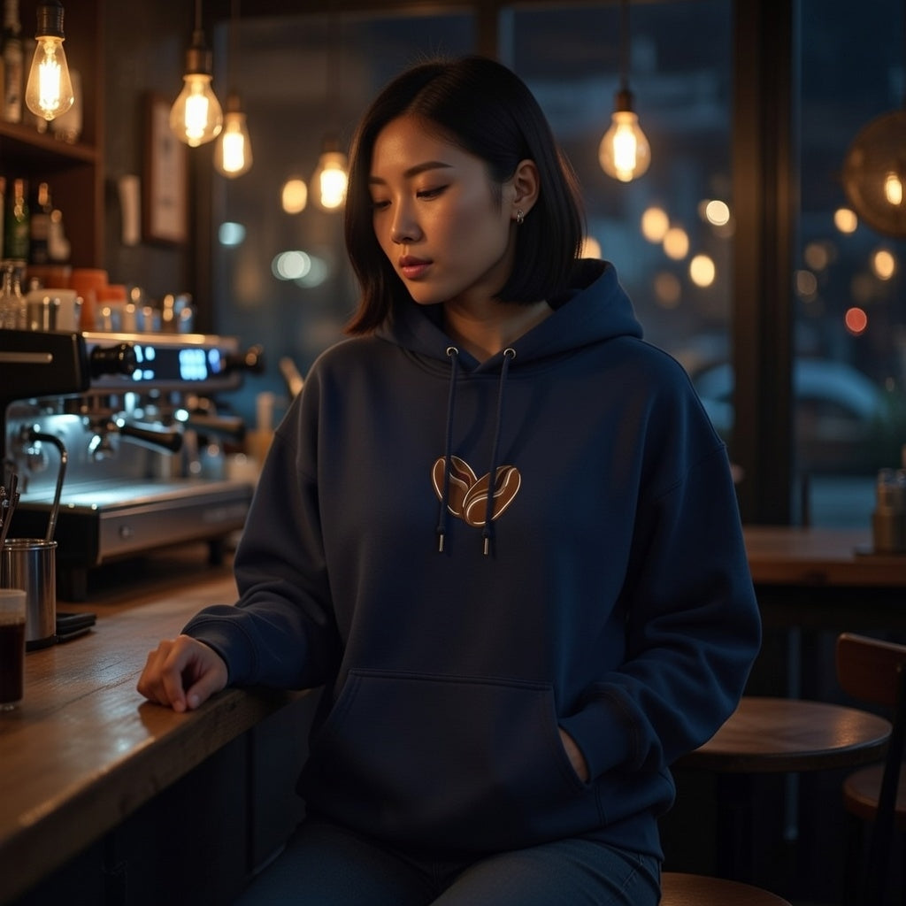 A woman in a dark blue hoodie with a minimalist coffee bean heart graphic sits at a cafe counter.